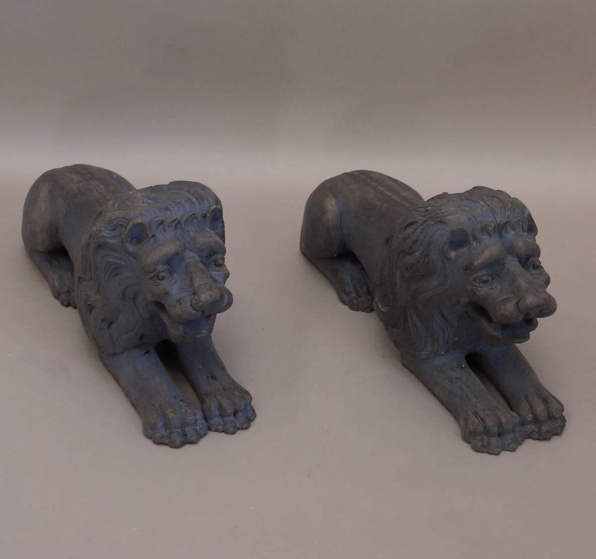 Chinoiserie Pair of Carved Lions Couchant