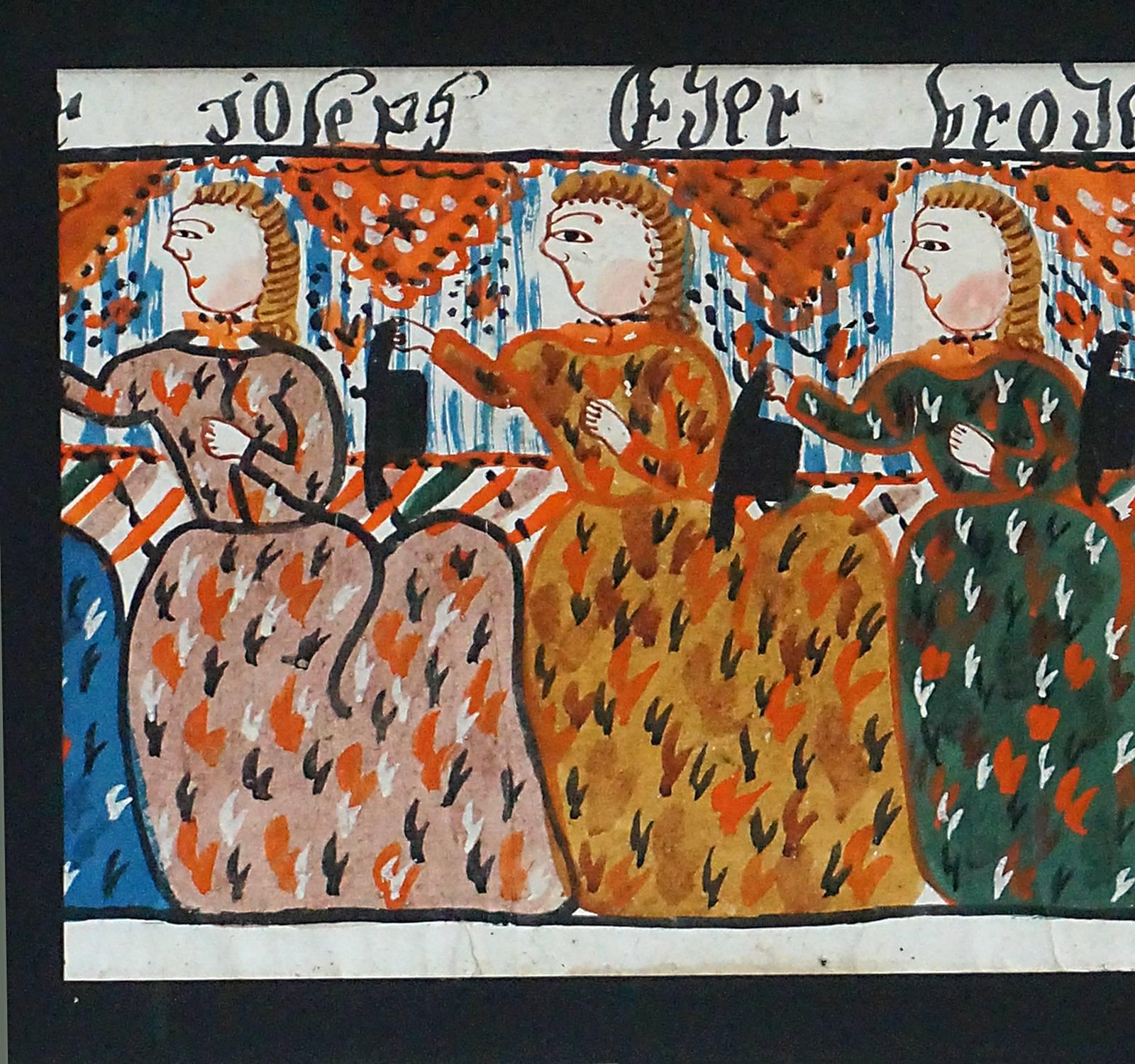 Portion of a larger bonad, Sweden, circa 1820, showing six of Joseph’s brothers in Egypt. From the Sunnerbo school, tempera on paper, archivally framed.