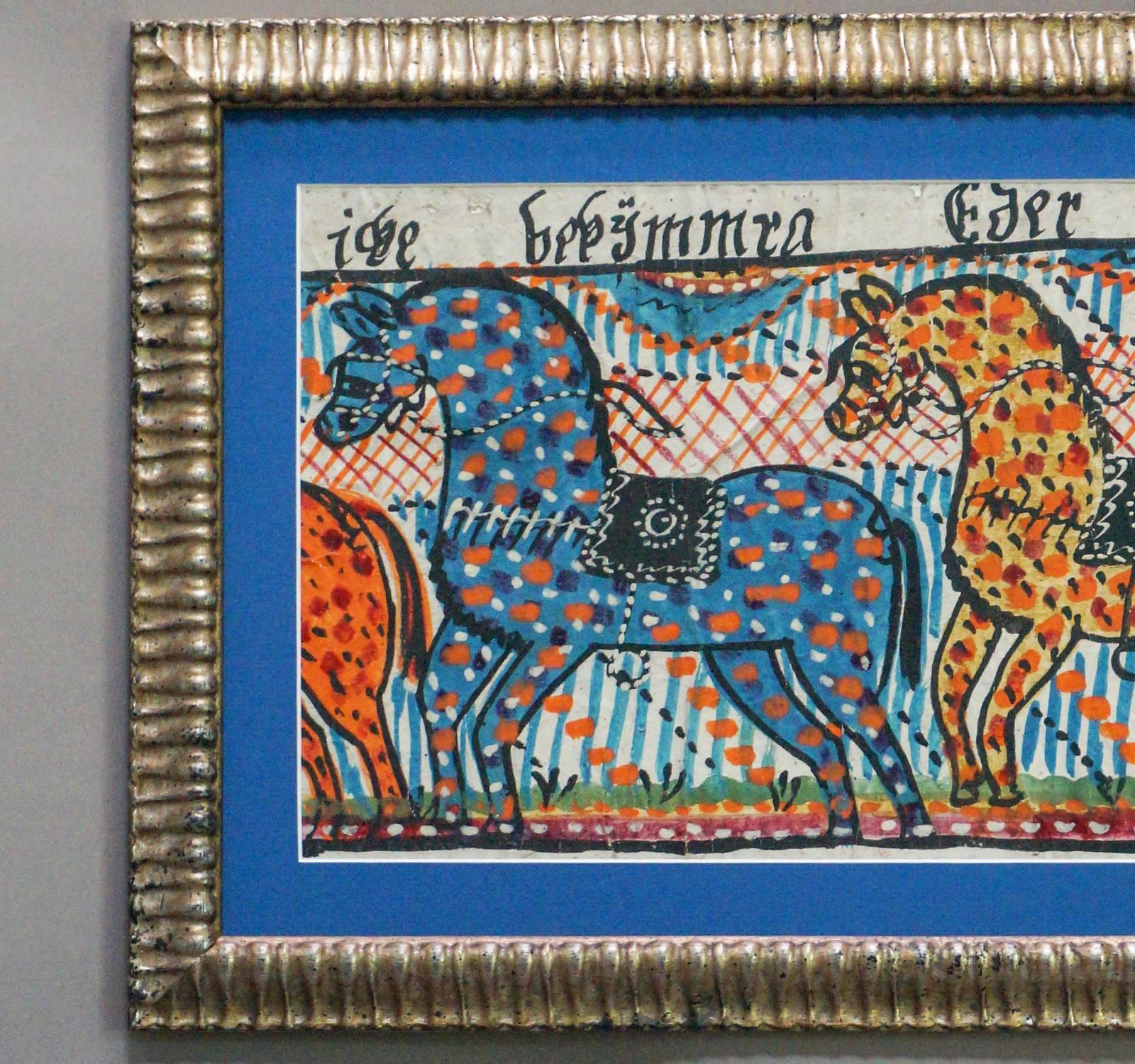 Fragment of larger Swedish bonad illustrating the story of Joseph’s brothers in Egypt (Genesis 42:5-11). Each of the spotted horses is a different color but they are all sporting decorative saddles and bridles. The background is filled with typical