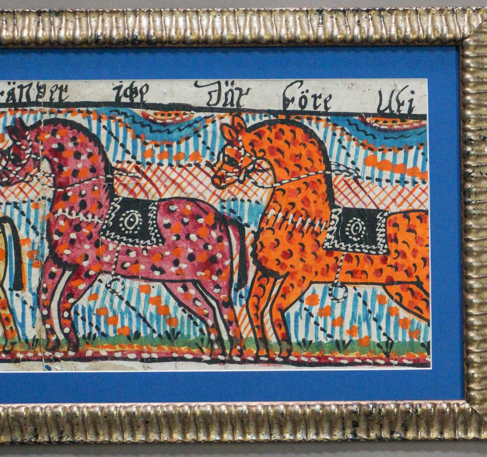 Swedish Folk Art Painting with Four Horses In Excellent Condition In Great Barrington, MA