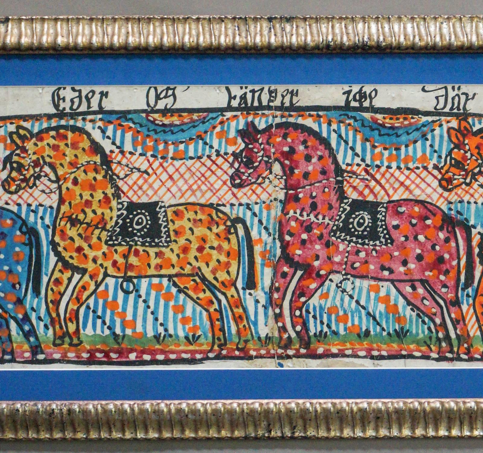 Primitive Swedish Folk Art Painting with Four Horses