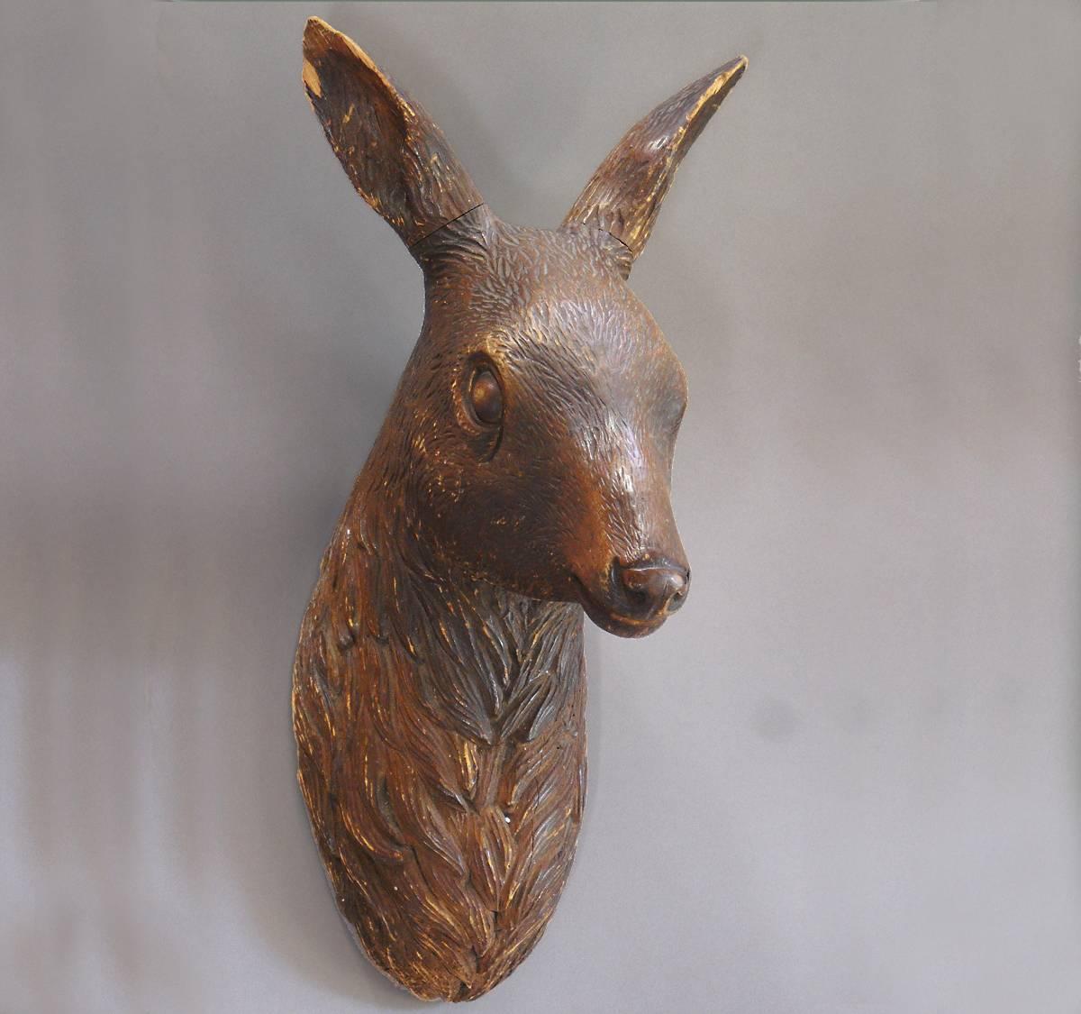 Carved wooden head of deer with great detail, Germany, circa 1860. Charming, gentle expression.