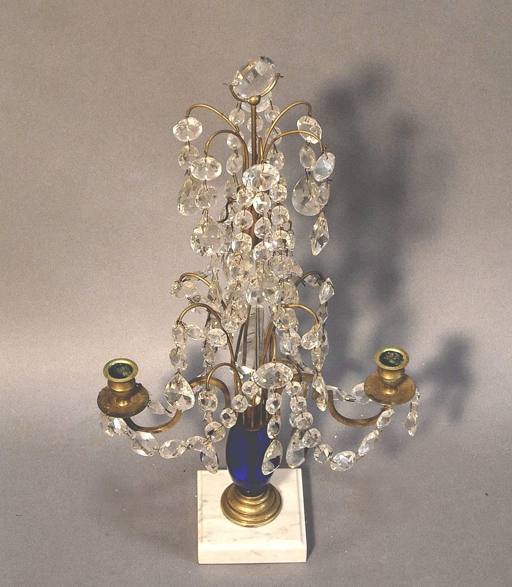 Pair of Danish crystal candelabra or girandoles, circa 1900, on marble bases with brass fittings. Beautiful cobalt glass stems.