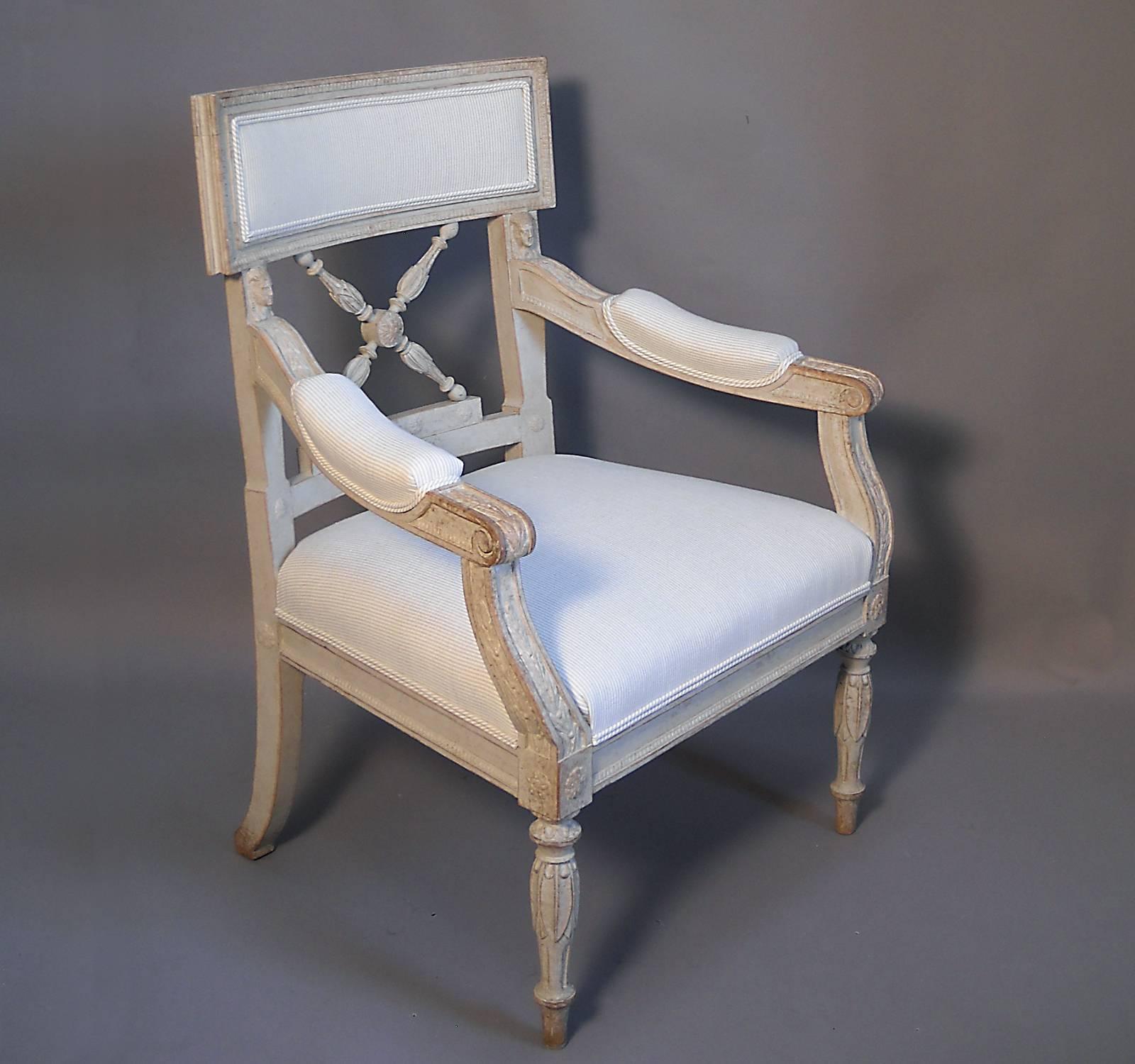 Hand-Carved Pair of Swedish Empire Armchairs