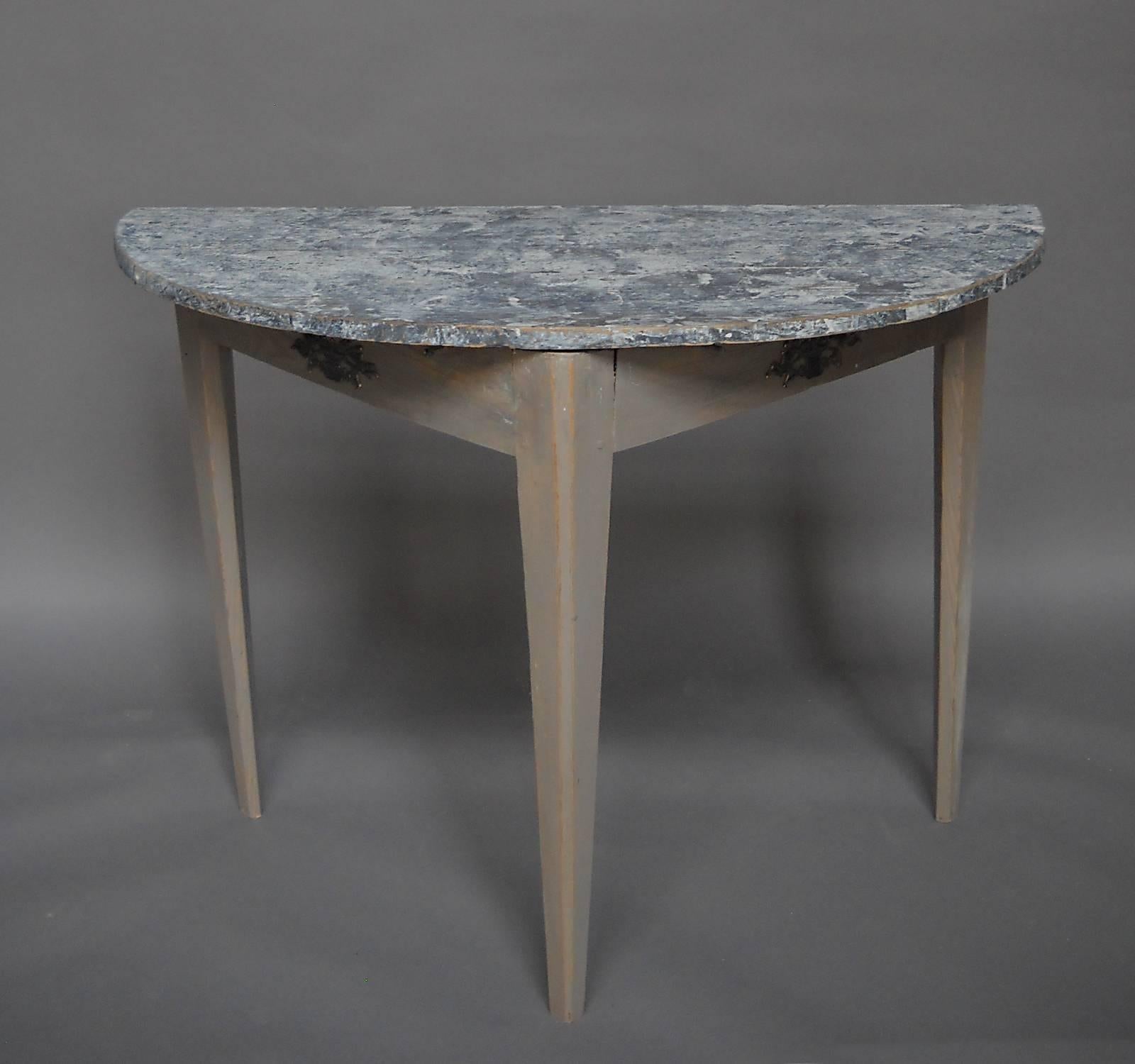 Hand-Painted Pair of Swedish Demilune Tables with Marbled Tops