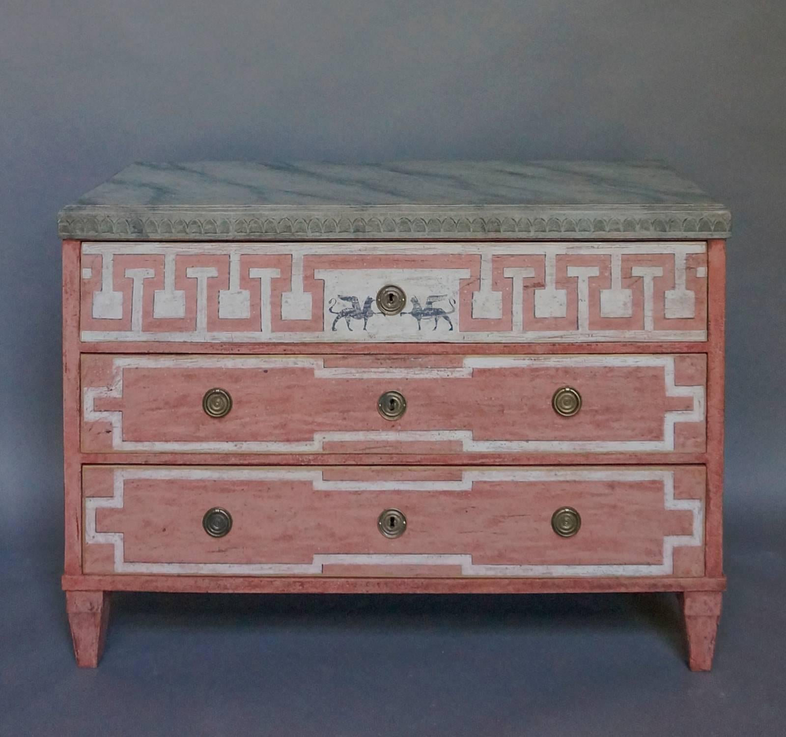 Swedish Pair of Neoclassical Chests of Drawers with Decorative Paint