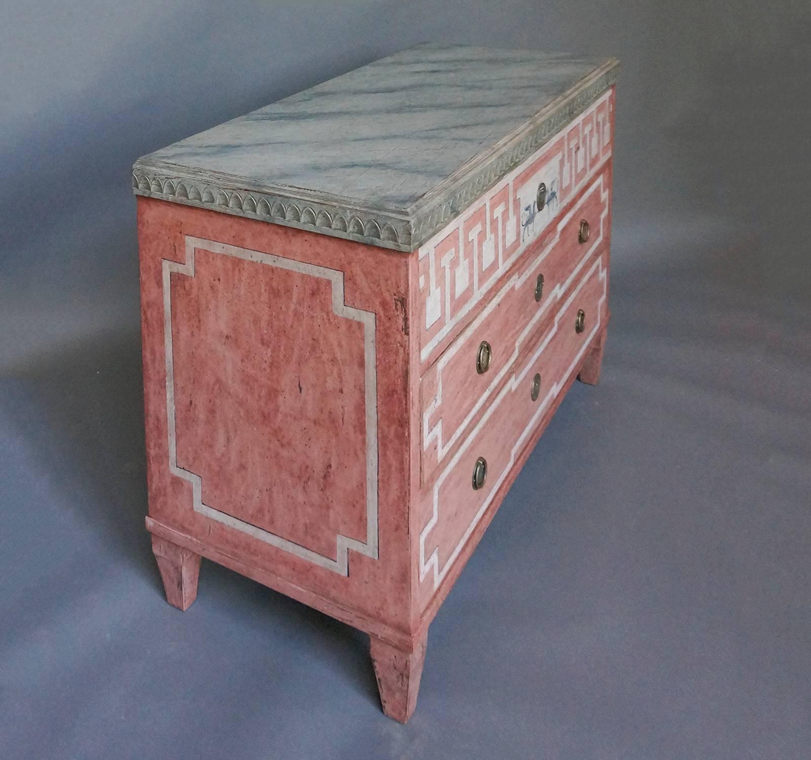 Hand-Carved Pair of Neoclassical Chests of Drawers with Decorative Paint