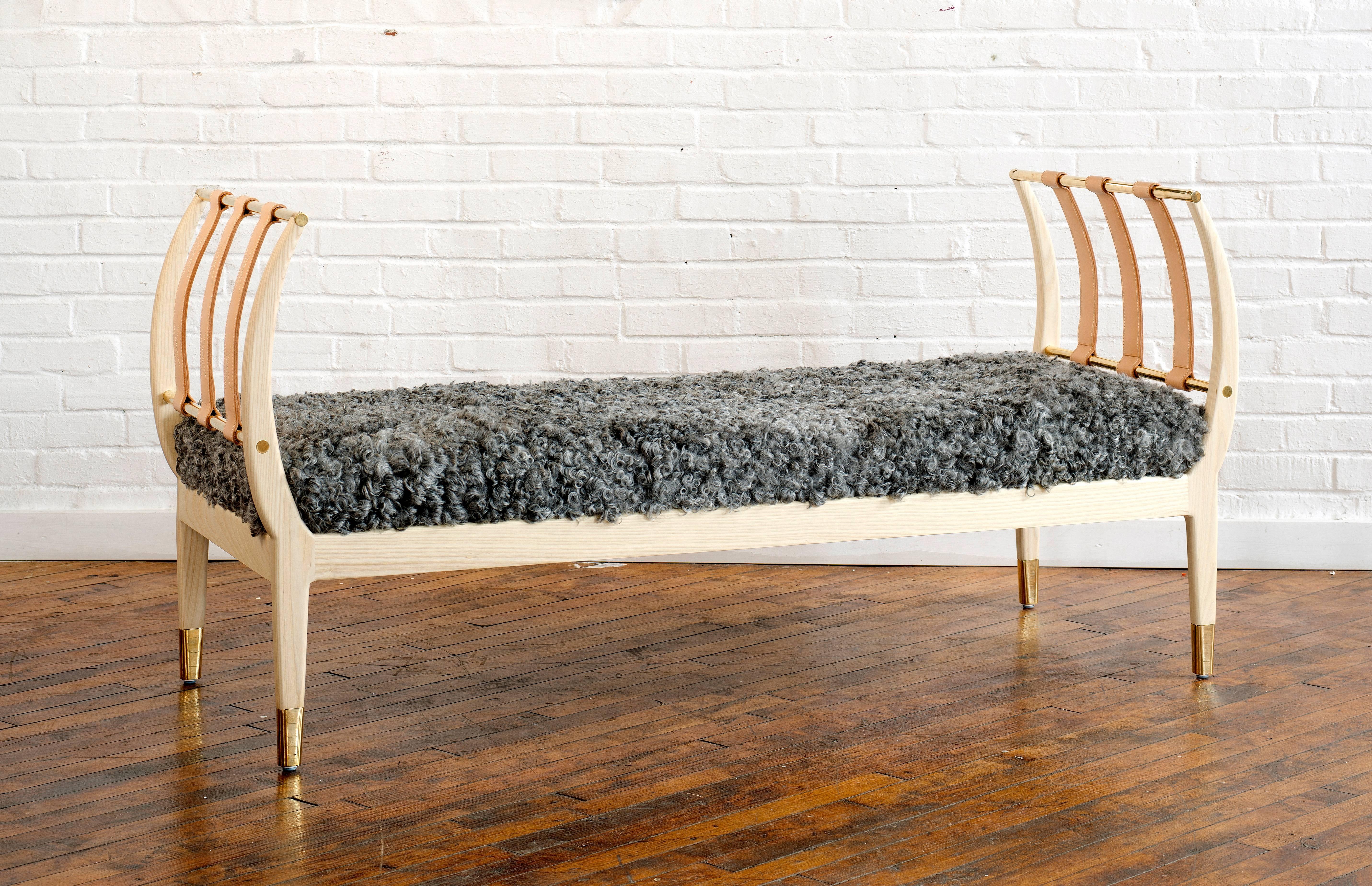 American Konekt Rib Bench with Wood, Leather, Polished Brass and COM For Sale