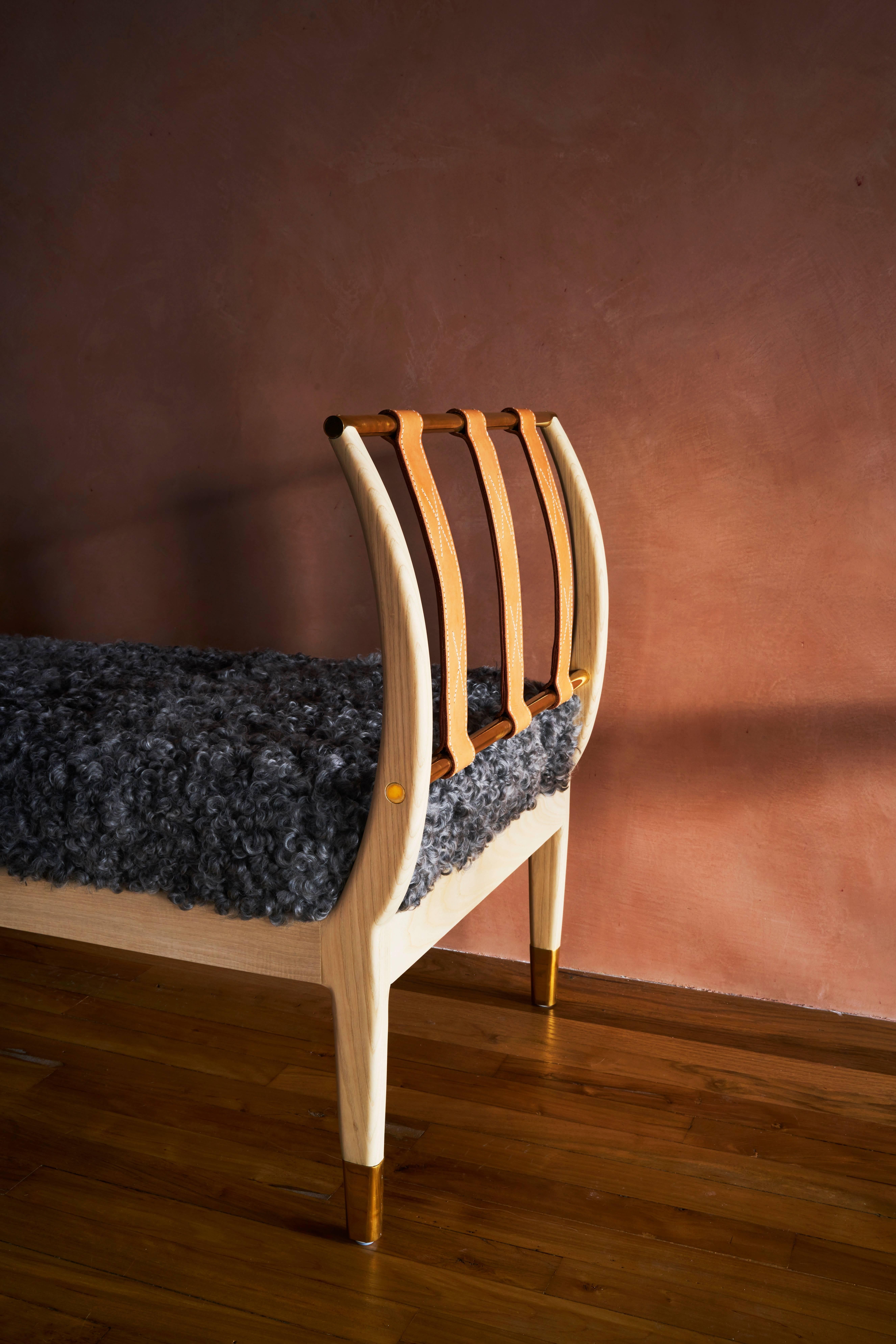 Contemporary Konekt Rib Bench with Wood, Leather, Polished Brass and COM For Sale