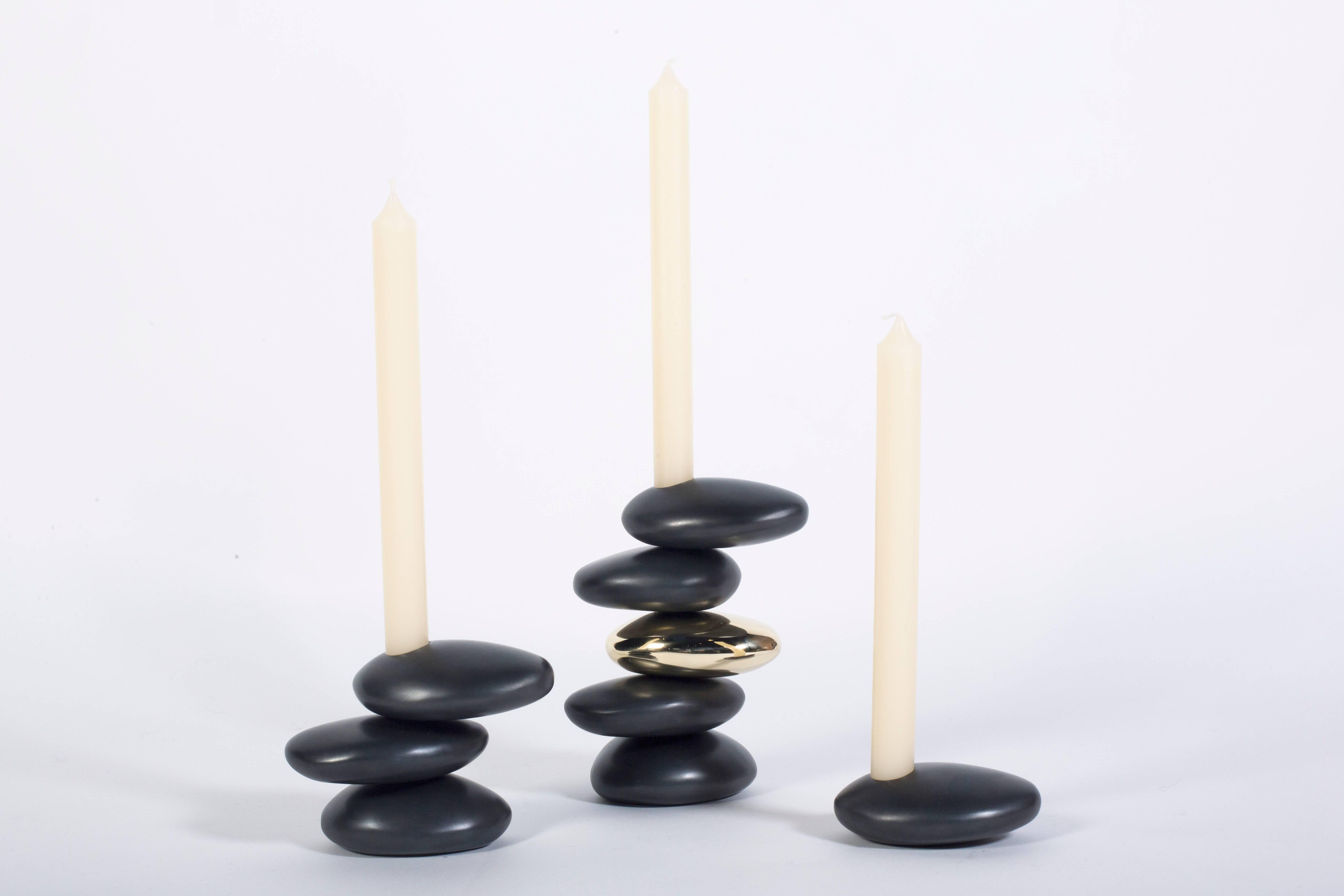 Contemporary Blackened and Polished Brass 5 Stack 'Stone' Candleholder by Konekt In New Condition In New York, NY