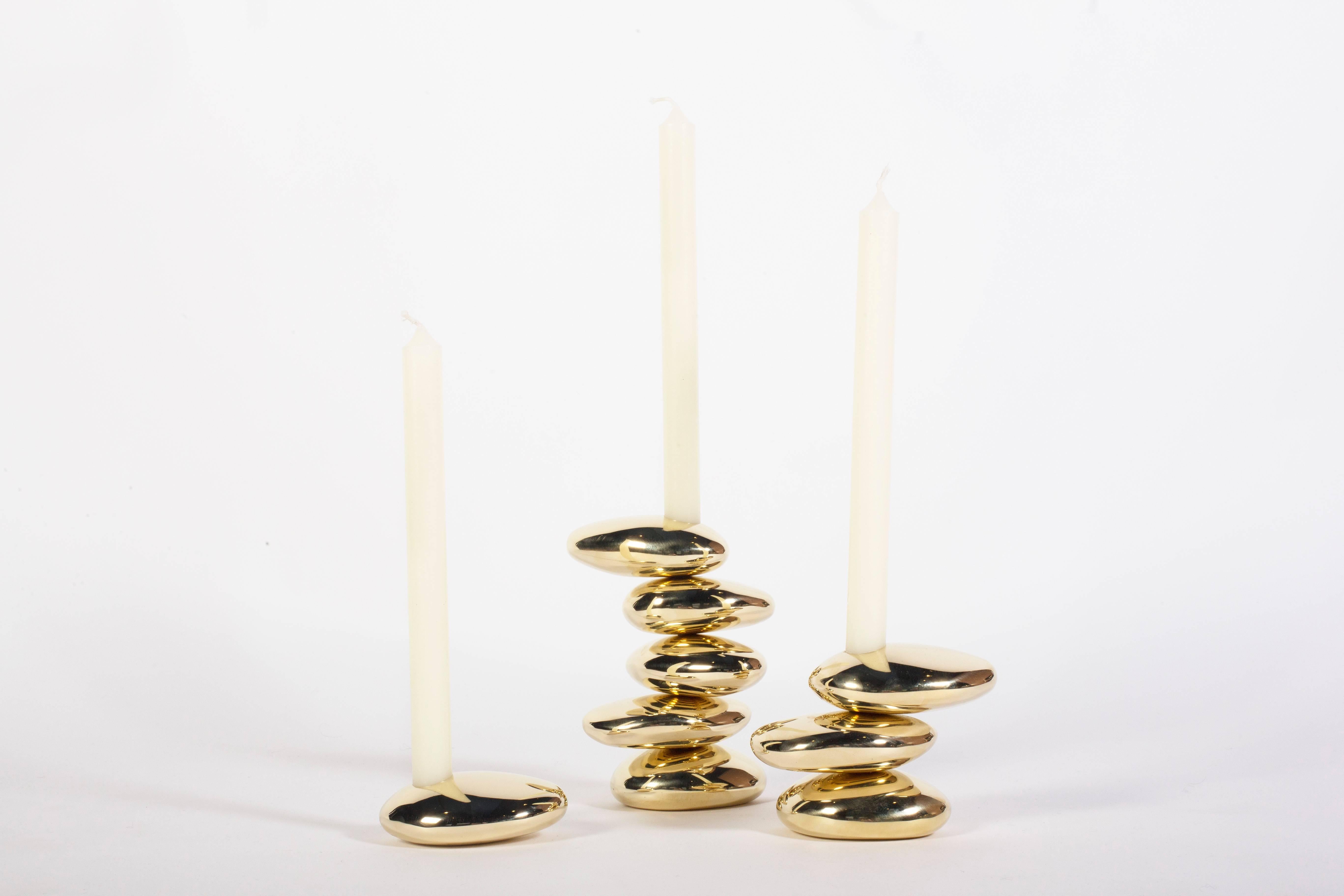 Contemporary Blackened and Polished Brass 5 Stack 'Stone' Candleholder by Konekt 1