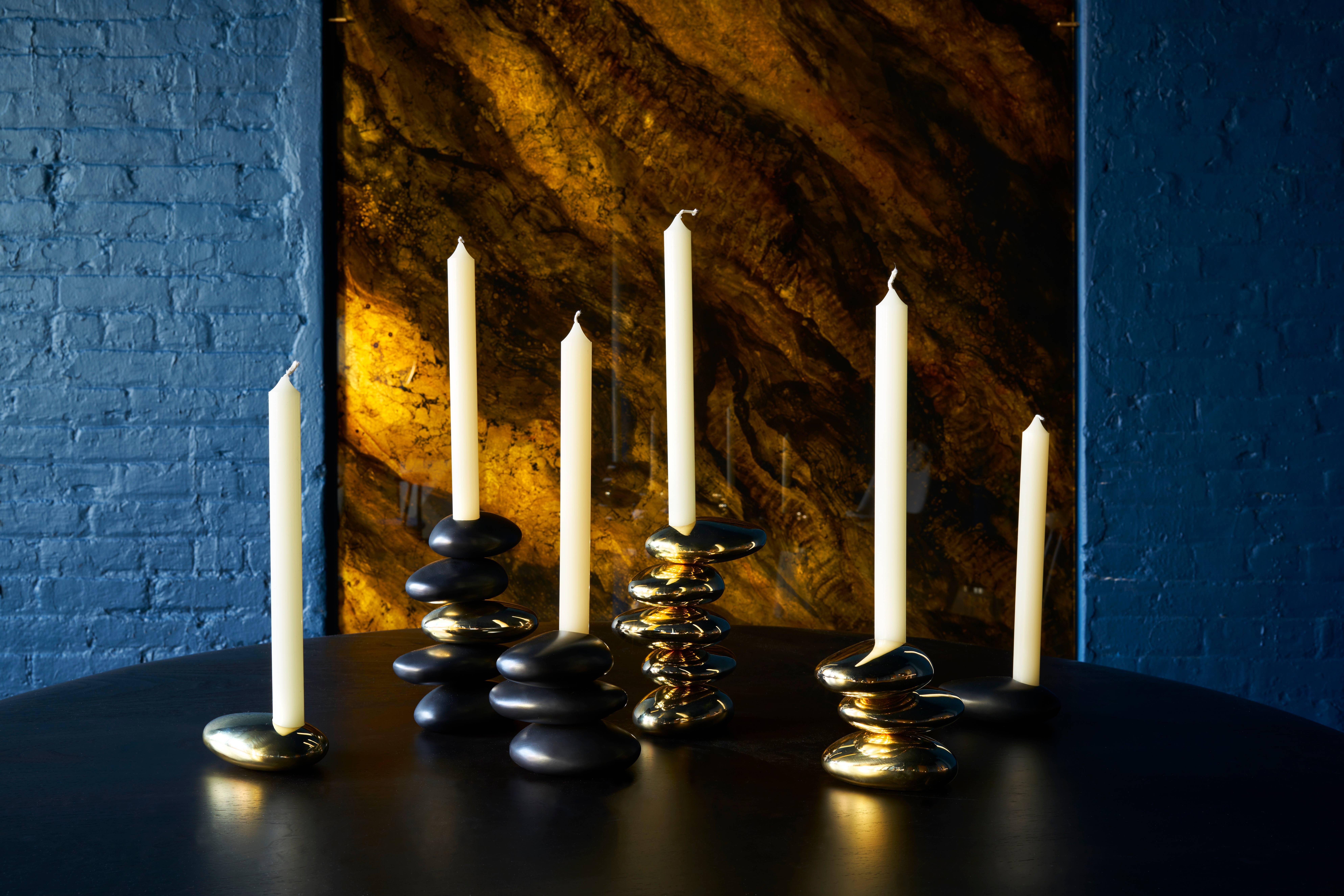 Contemporary Blackened and Polished Brass 5 Stack 'Stone' Candleholder by Konekt 3