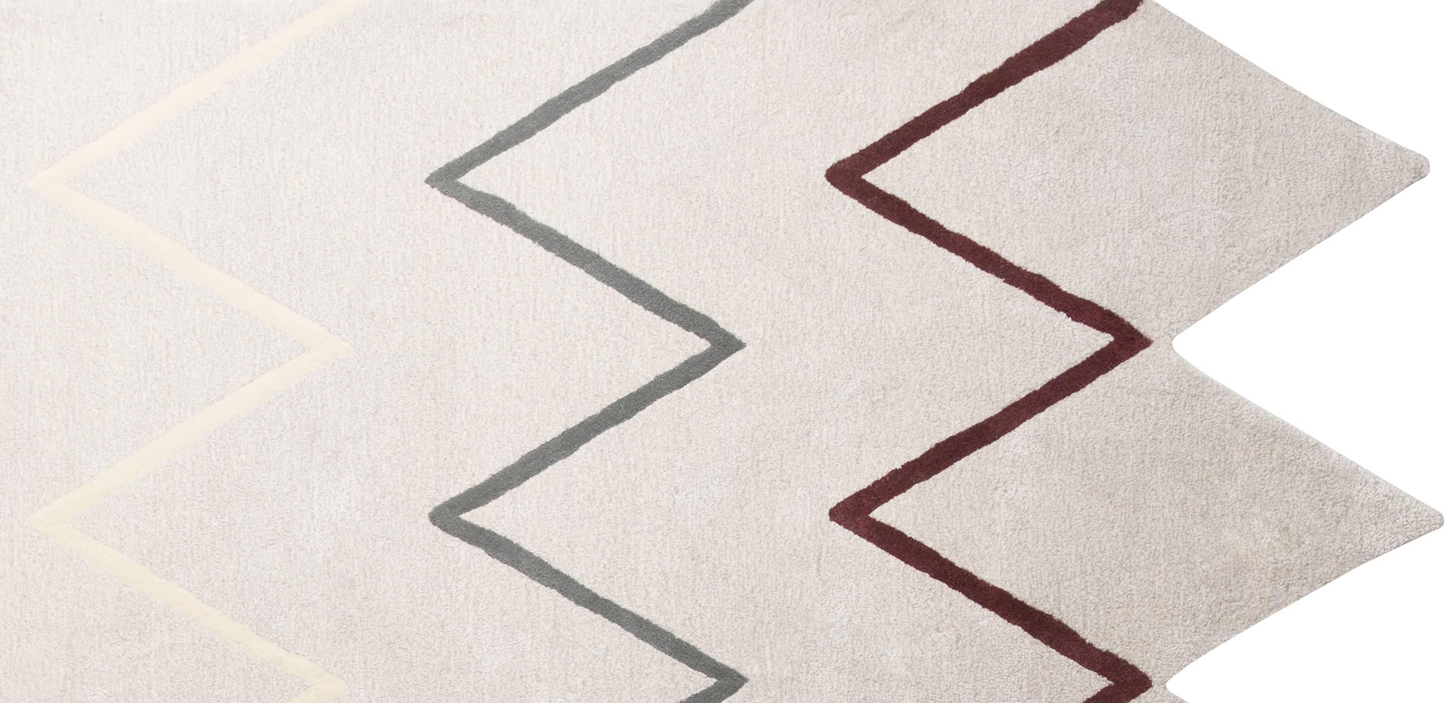 The Otto rug features a fun zig zag edge and matching print, in a soft, neutral color palette. Not another neutral to help ground a room. Rugs that make the room. Hand tufted rug made of a wool/viscose blend. Designed by Pieces.

Custom options,