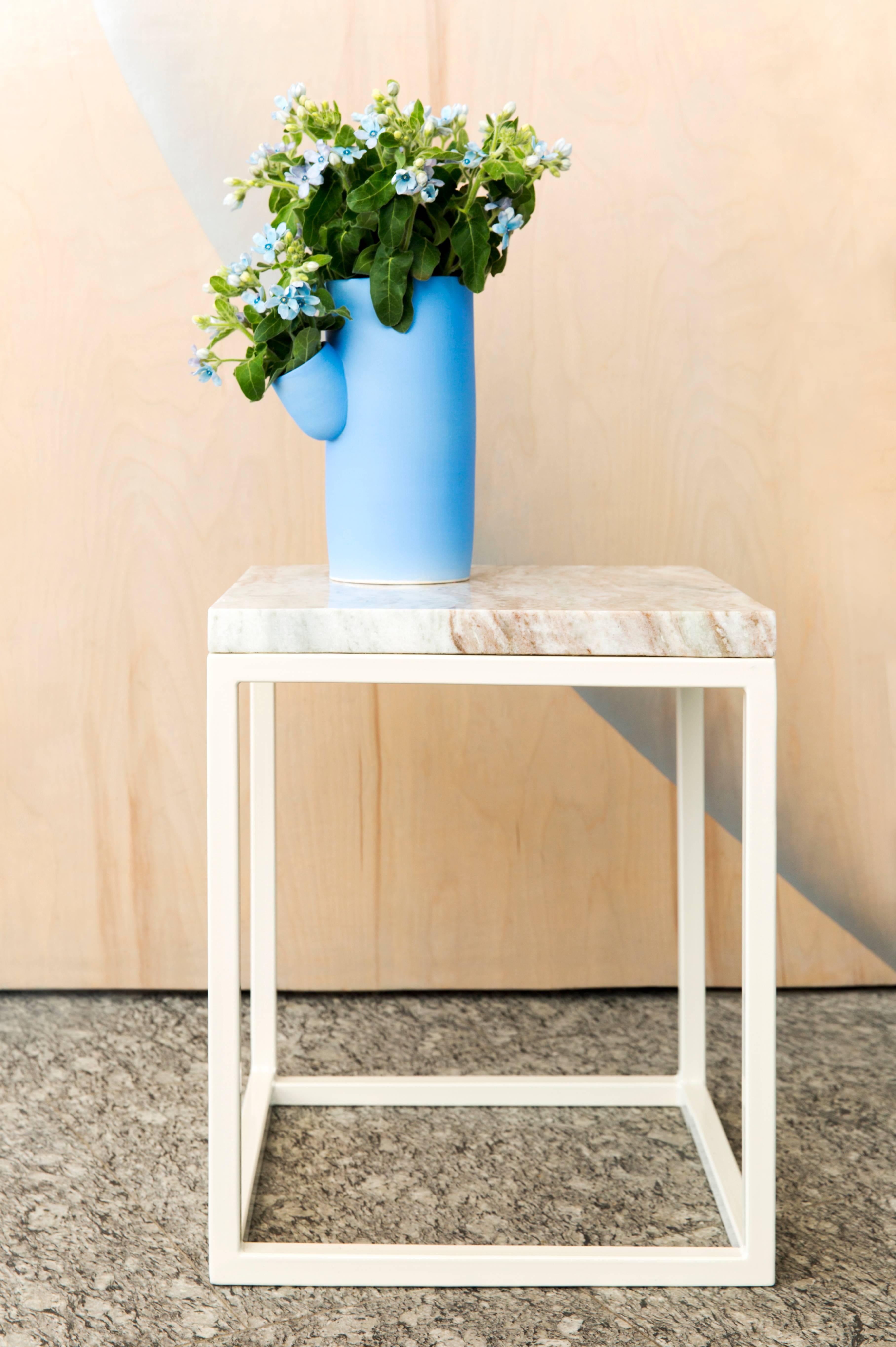 American  Frame Side Table by Pieces, Modern Customizable End Table in Stone Glass Wood For Sale