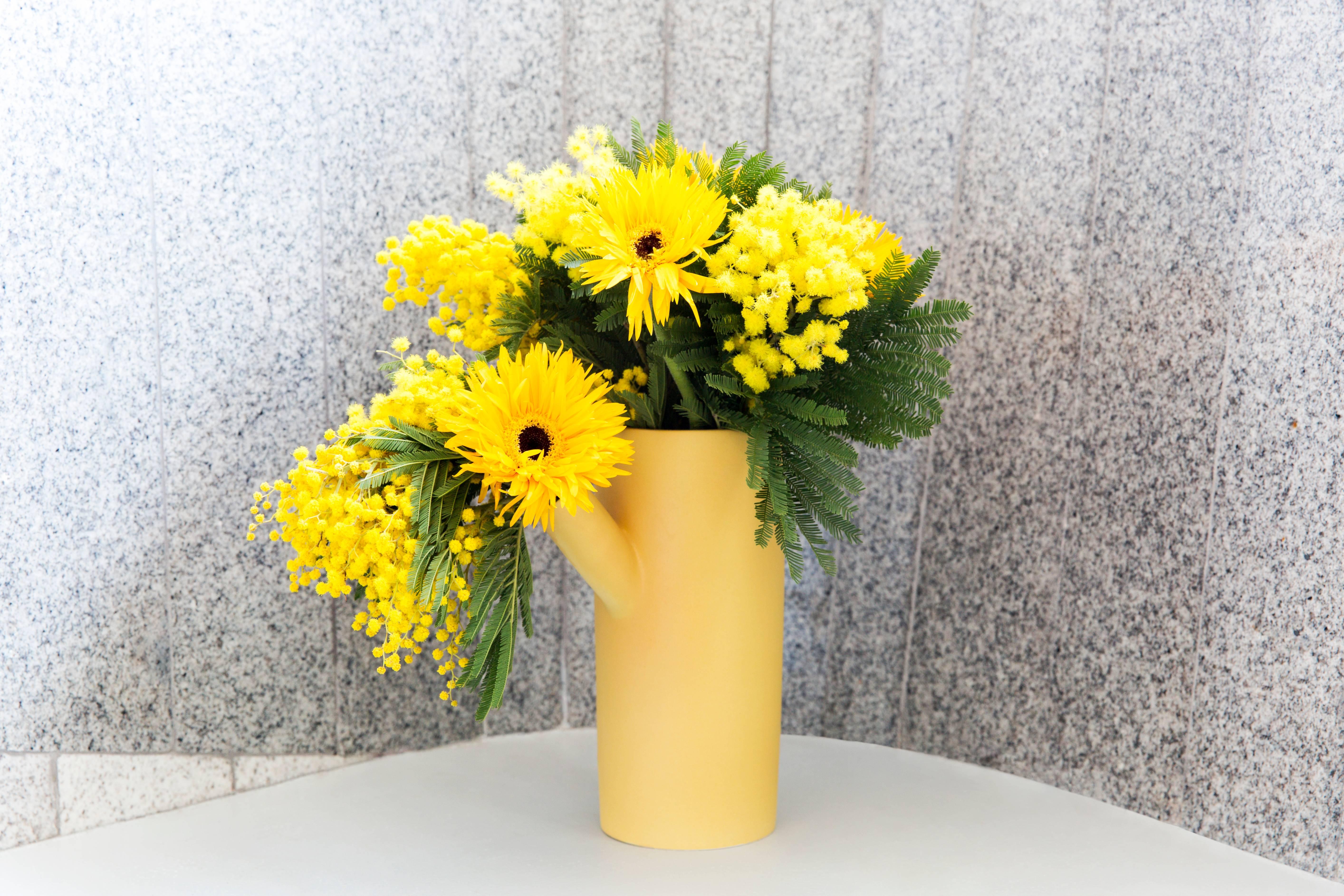 American Forsythia Ceramic Handmade Vase by Pieces, Modern Customizable Yellow Pitcher For Sale