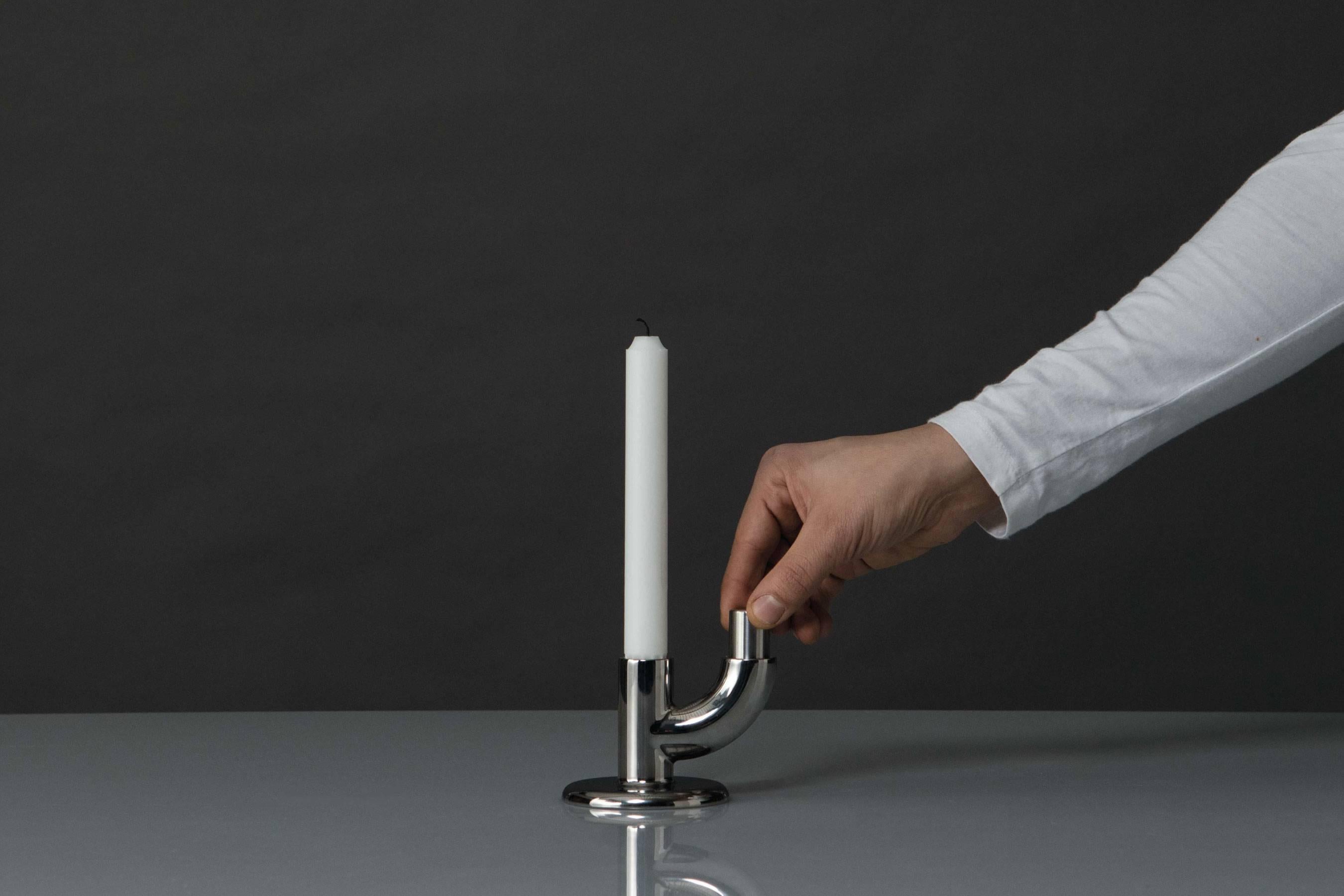 Scandinavian Modern Alia SINGLE, 21st Century Minimal Chrome Plating Stackable Candleholder For Sale