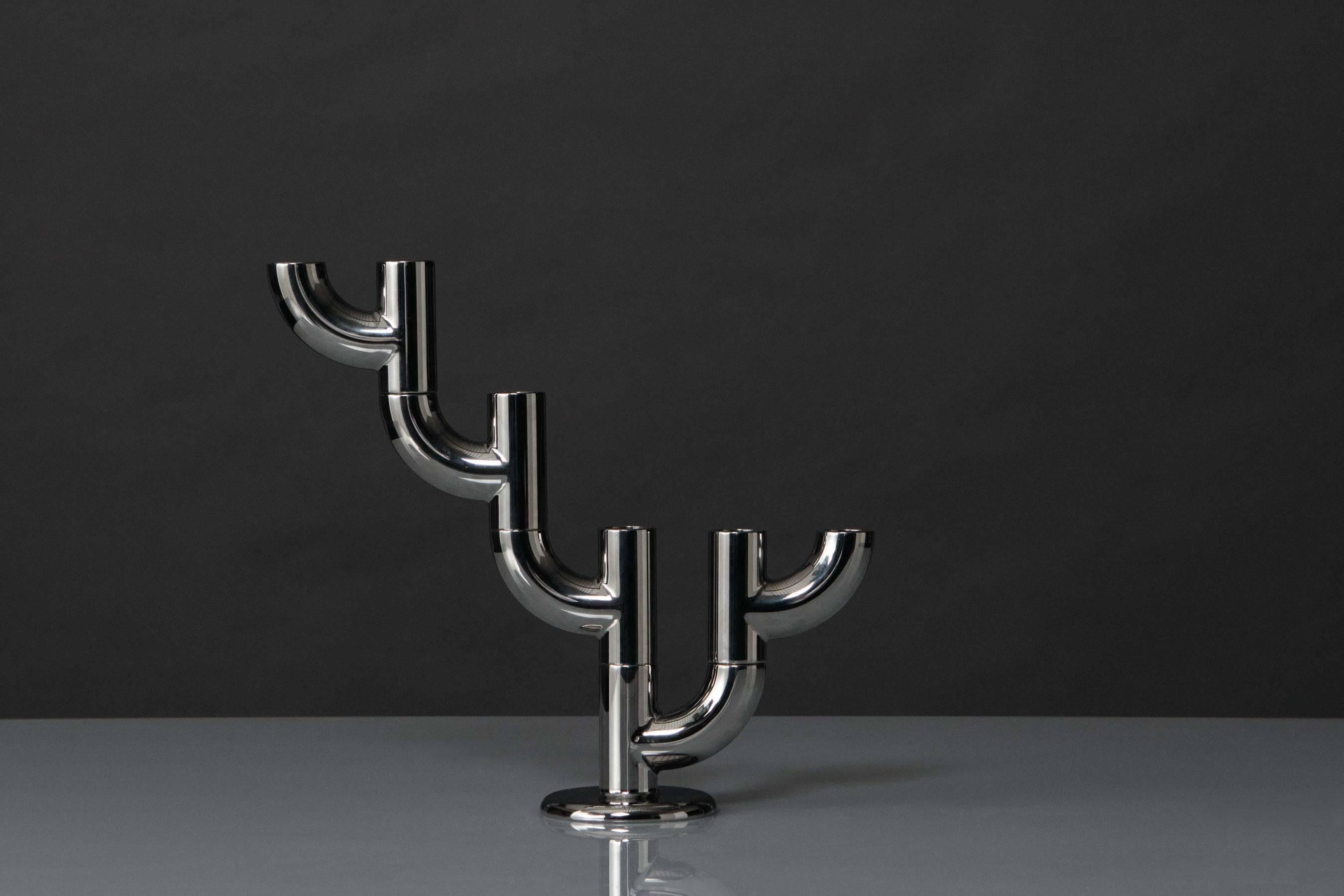 Cast Alia SINGLE, 21st Century Minimal Chrome Plating Stackable Candleholder For Sale