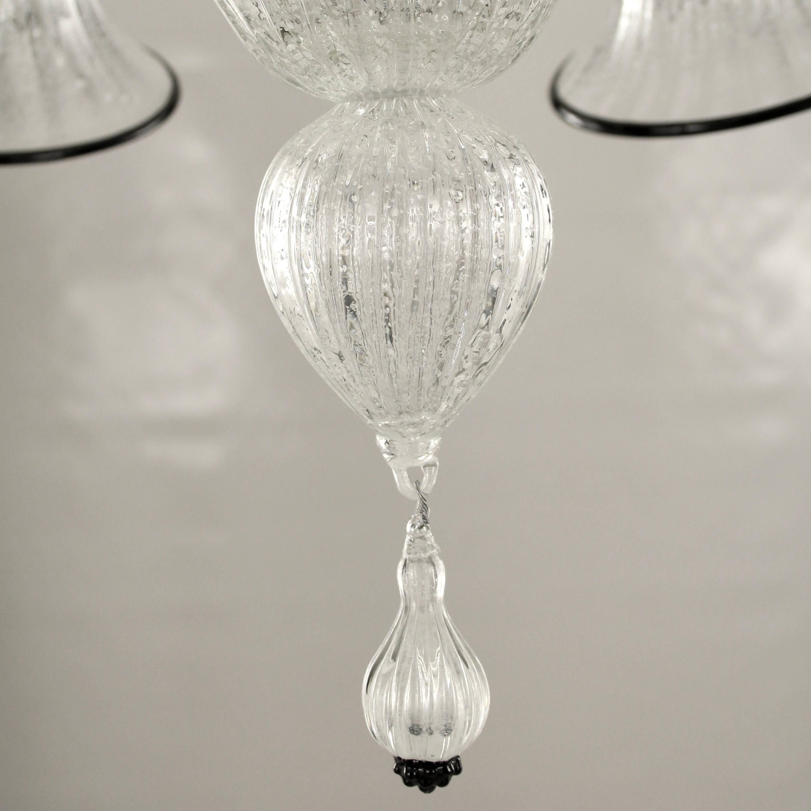 Art Glass Chandelier Murano Blown Glass Silver Leaf and Black Trimmings, Italian  Style For Sale