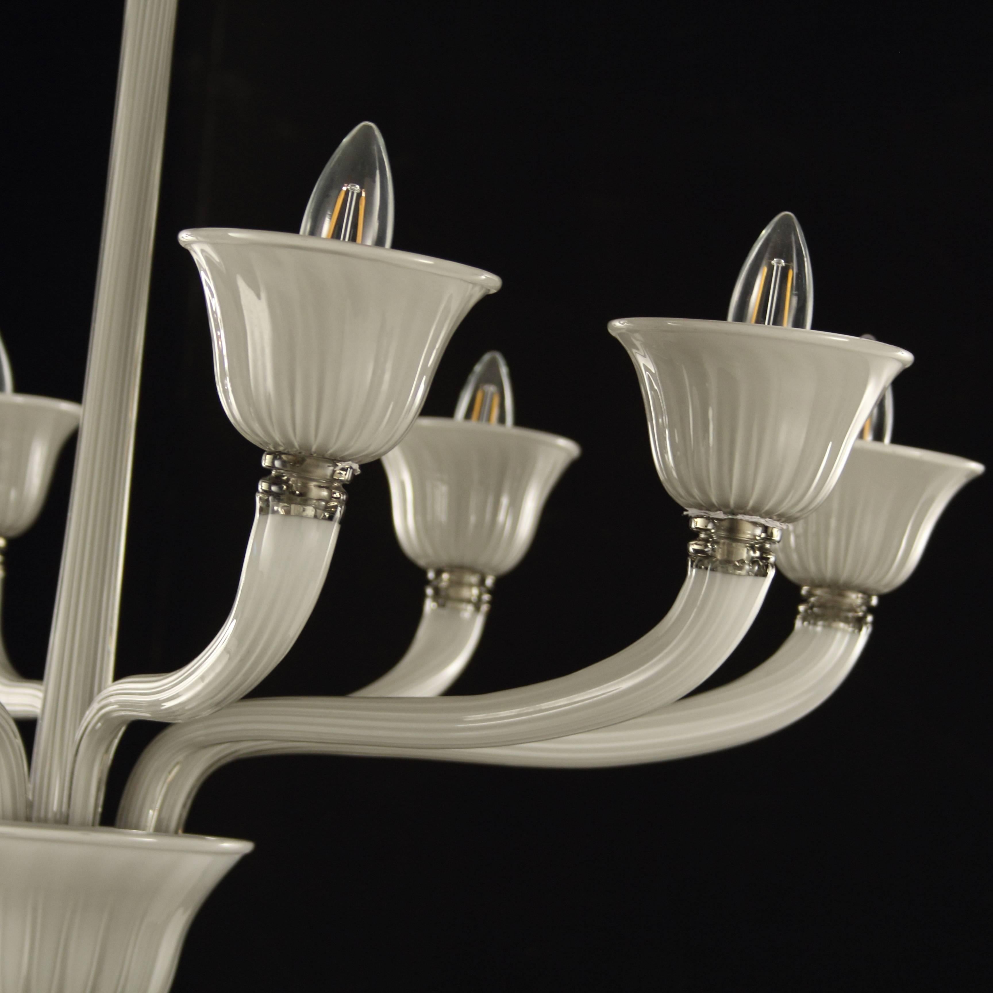 Deco style eight-arms Venetian chandelier, handmade with Murano blown glass opaque grey color. 
Silver frame finish.
Matching wall lights available.

We can wire it for the U.S. (E26) or E.U. (E27) or other international standards on request.