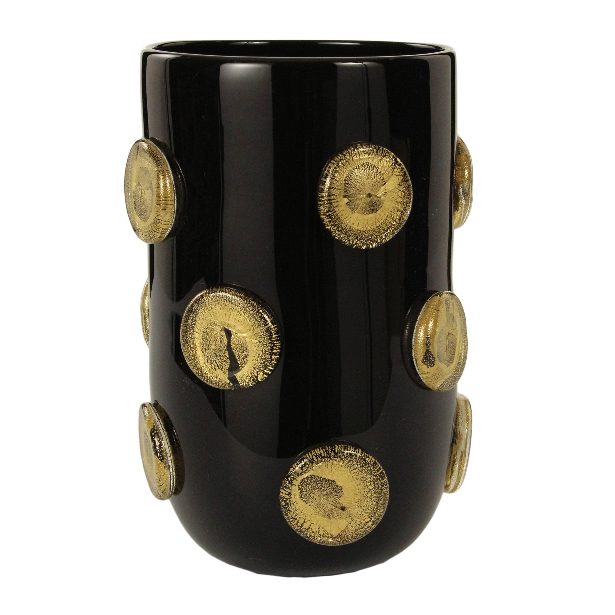 21st Century Murano Blown Glass Vase, Black with Gold Buttons For Sale