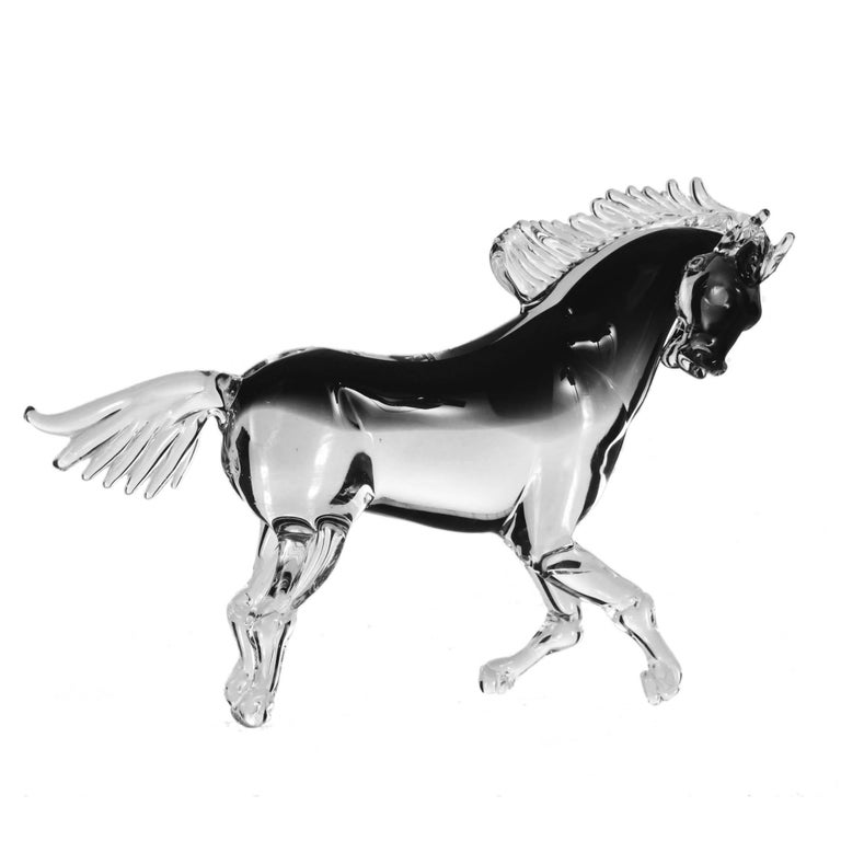 Italian 21st Century Murano Glass Horse, Grey and Transparent, Murano Blown Glass For Sale