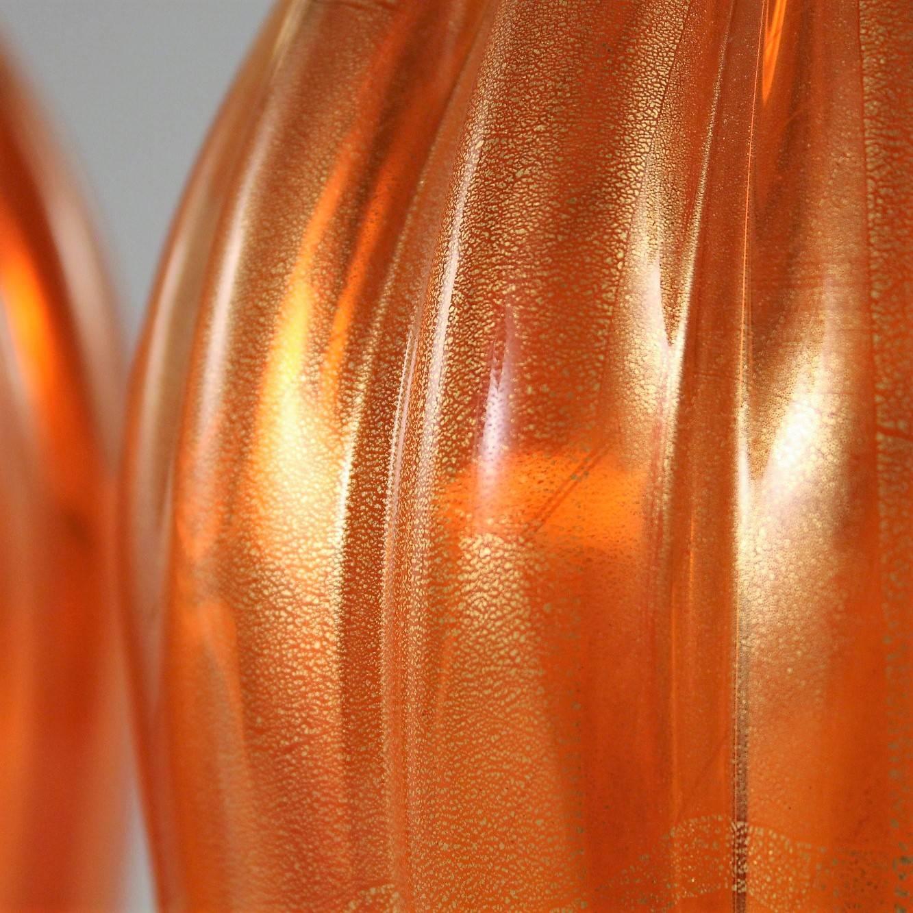 Late 20th Century Pair of Vintage Murano Blown Glass Table Lamps, Orange and Gold Leaf