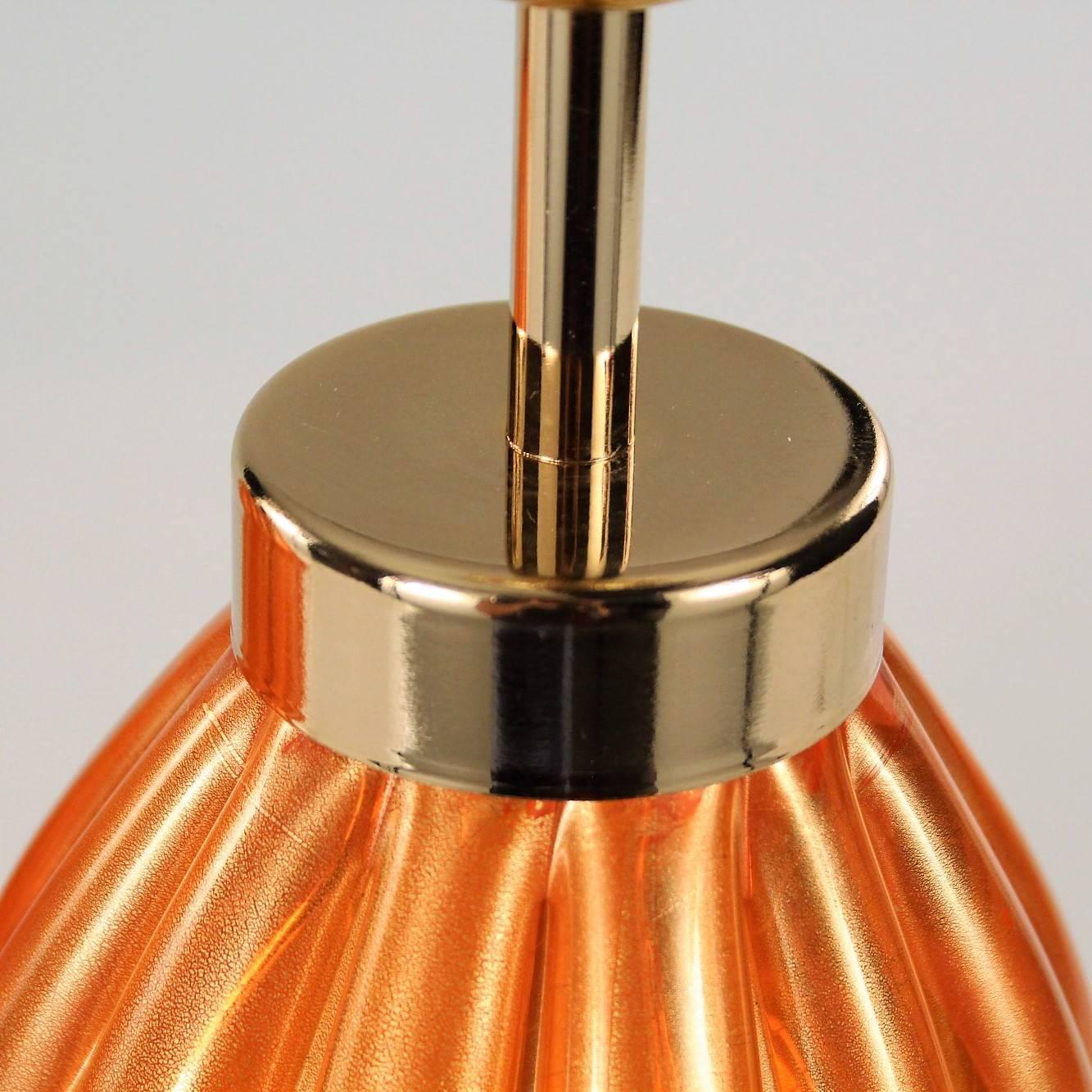 Brass Pair of Vintage Murano Blown Glass Table Lamps, Orange and Gold Leaf