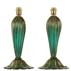 Pair of Original Murano Glass Table Lamp "Marino" Green Color with Gold Leaf