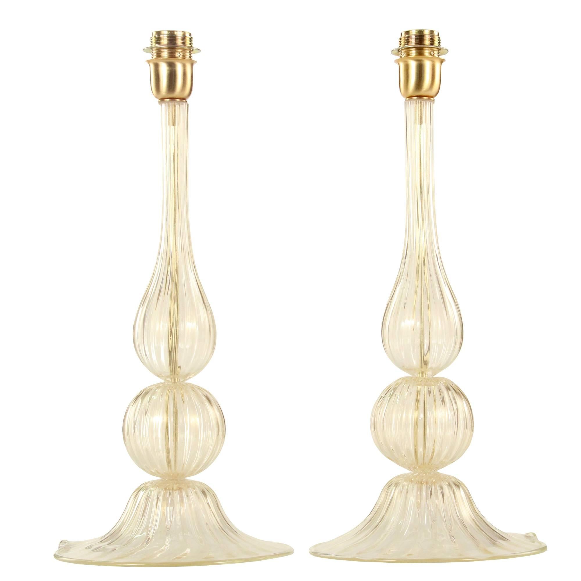 Pair of Italian Murano Blown Glass Table Lamp Infused with 24-Karat Gold Flecks For Sale