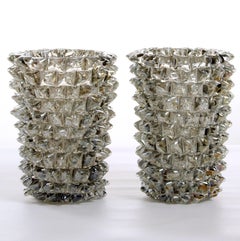Contemporary Pair of Grey Iridescent Murano Glass Rostrati Vases