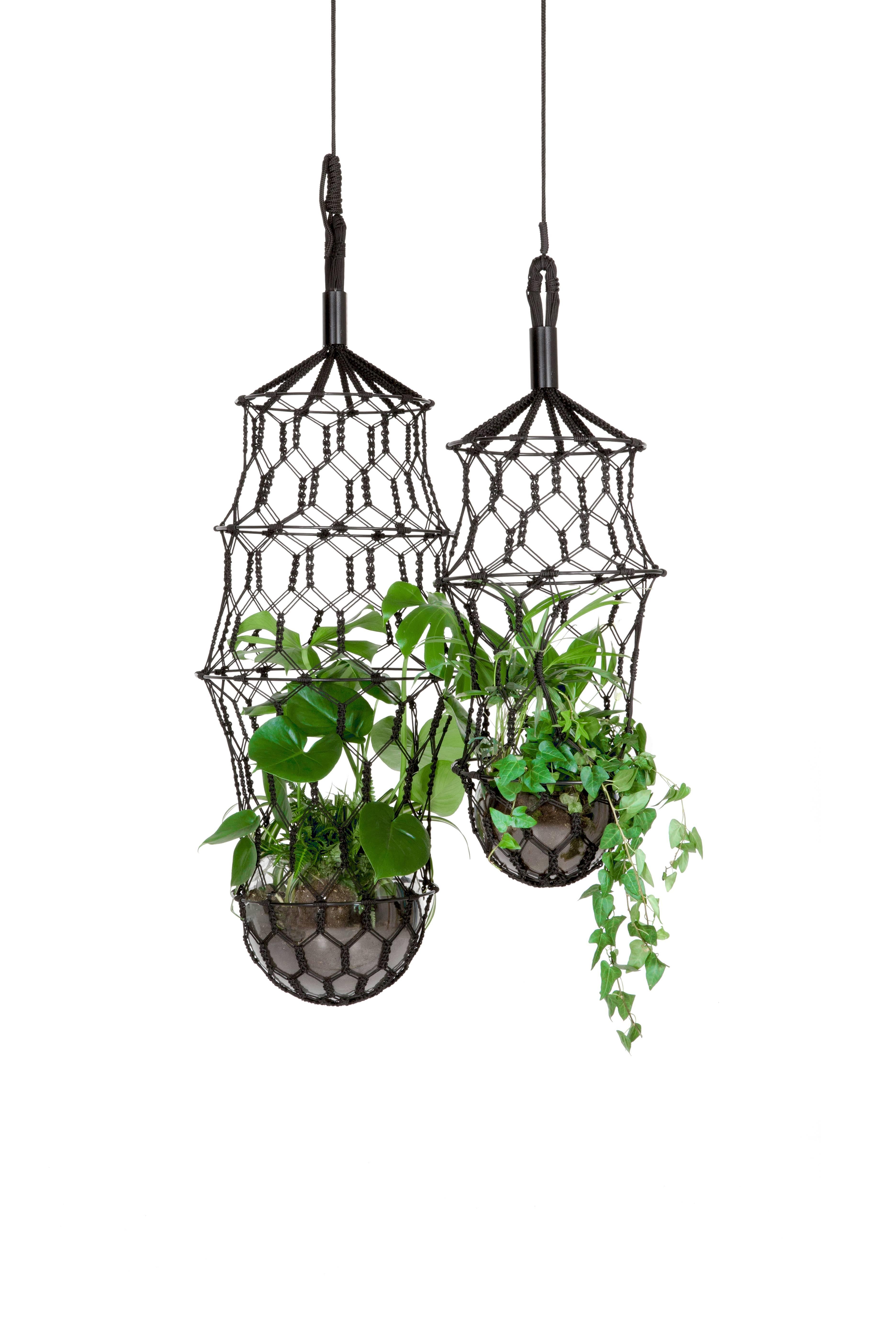 Blackened 21st Century Contemporary Design, Macramé Minimal Lucille Flower Cocoon in Black For Sale