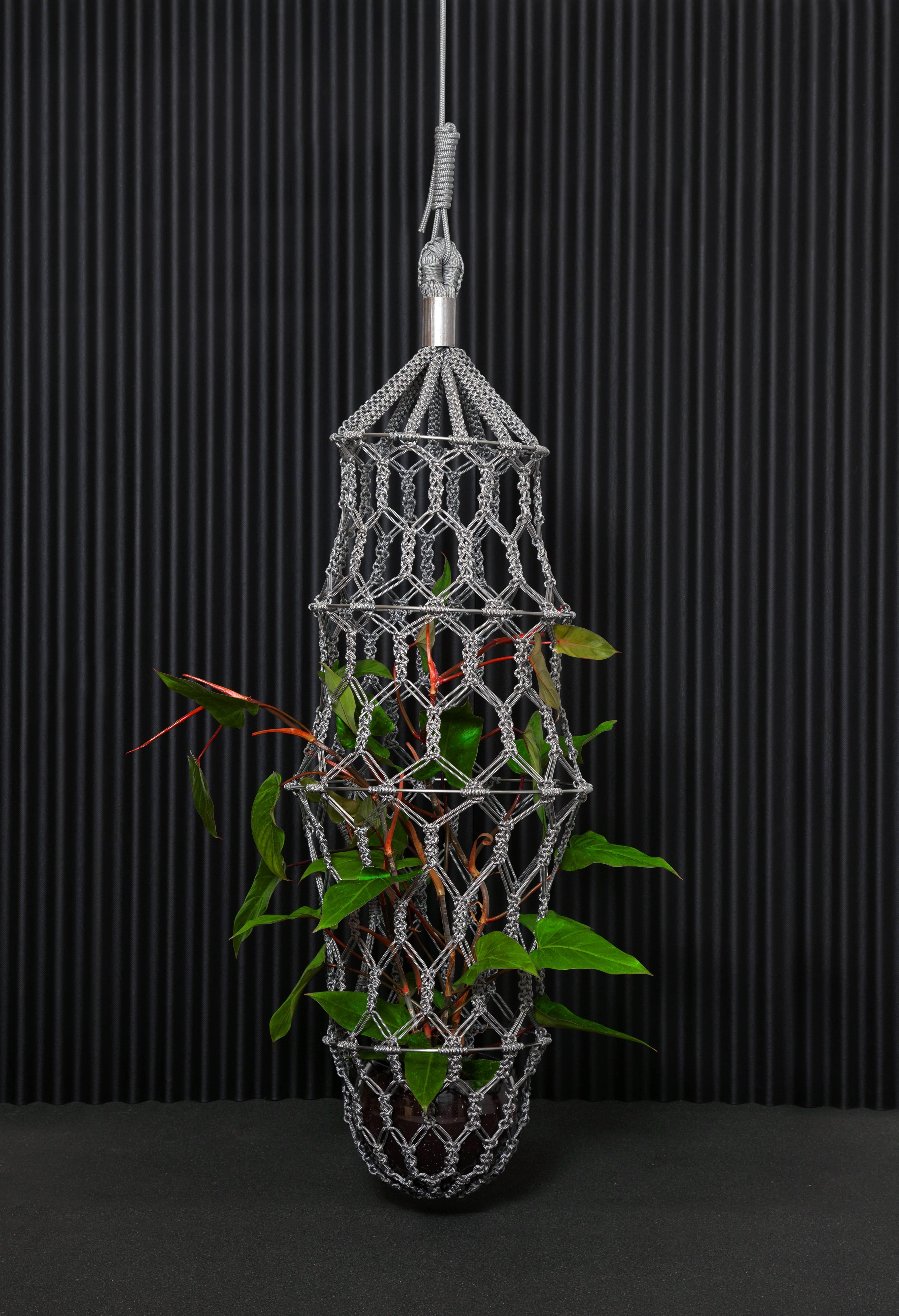Steel 21st Century Contemporary Design, Macramé Minimal Lucille Flower Cocoon in Black For Sale