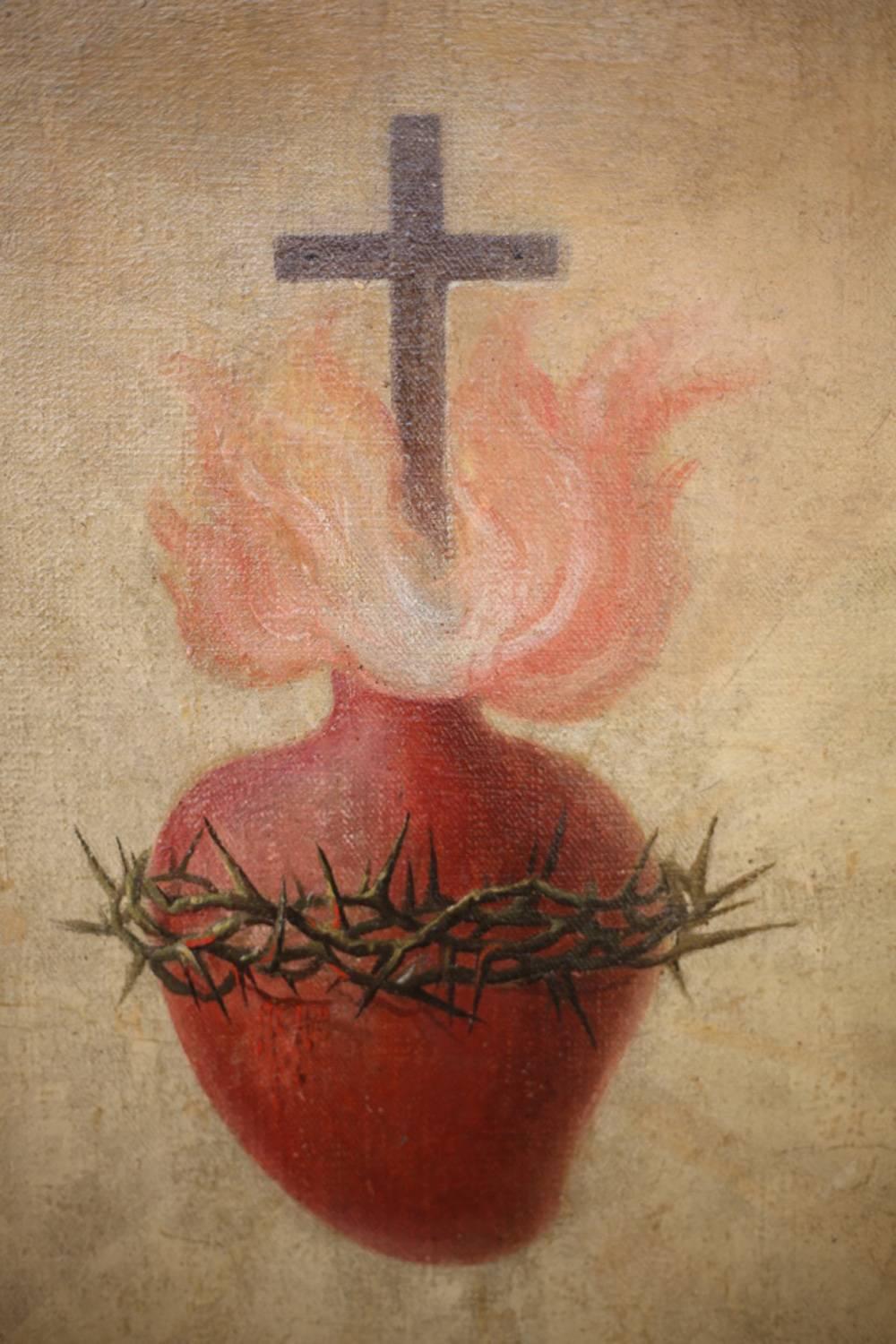 Large 18th-19th Century Oil on Canvas Sacred Heart 1