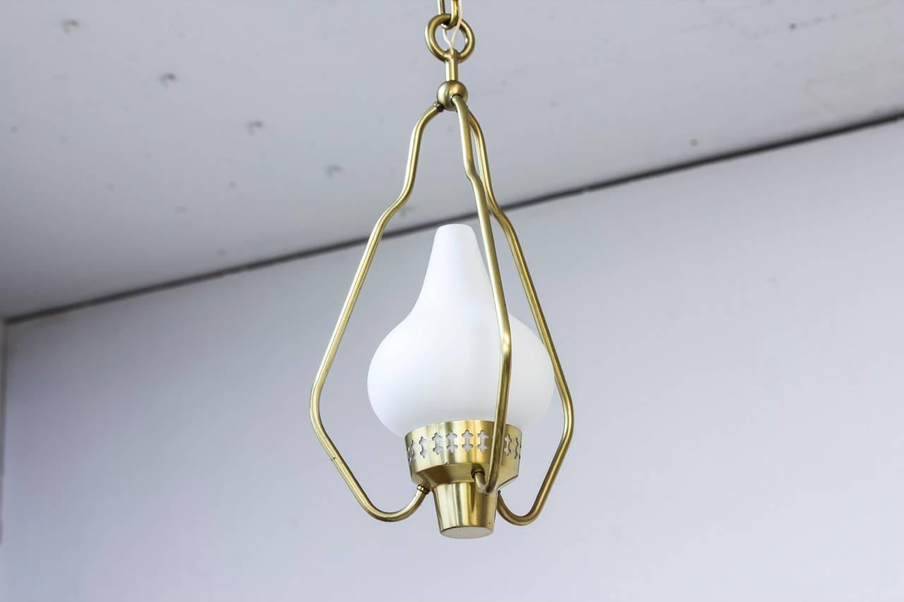 Scandinavian Modern 1950s Brass and Opaline Pendant Light by Hans Bergström for ASEA, Sweden