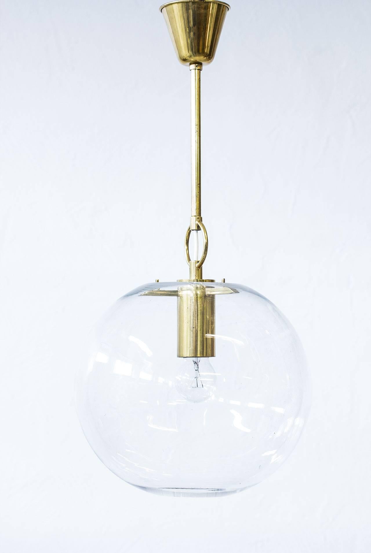 Swedish Scandinavian Modern Pair of Glass & Brass Pendant Lamps by Hans-Agne Jakobsson