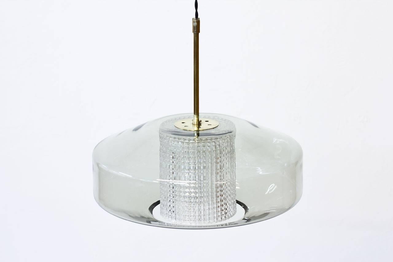 Scandinavian Modern Swedish Pendant Lamp in Glass and Brass by Carl Fagerlund for Orrefors, 1960s