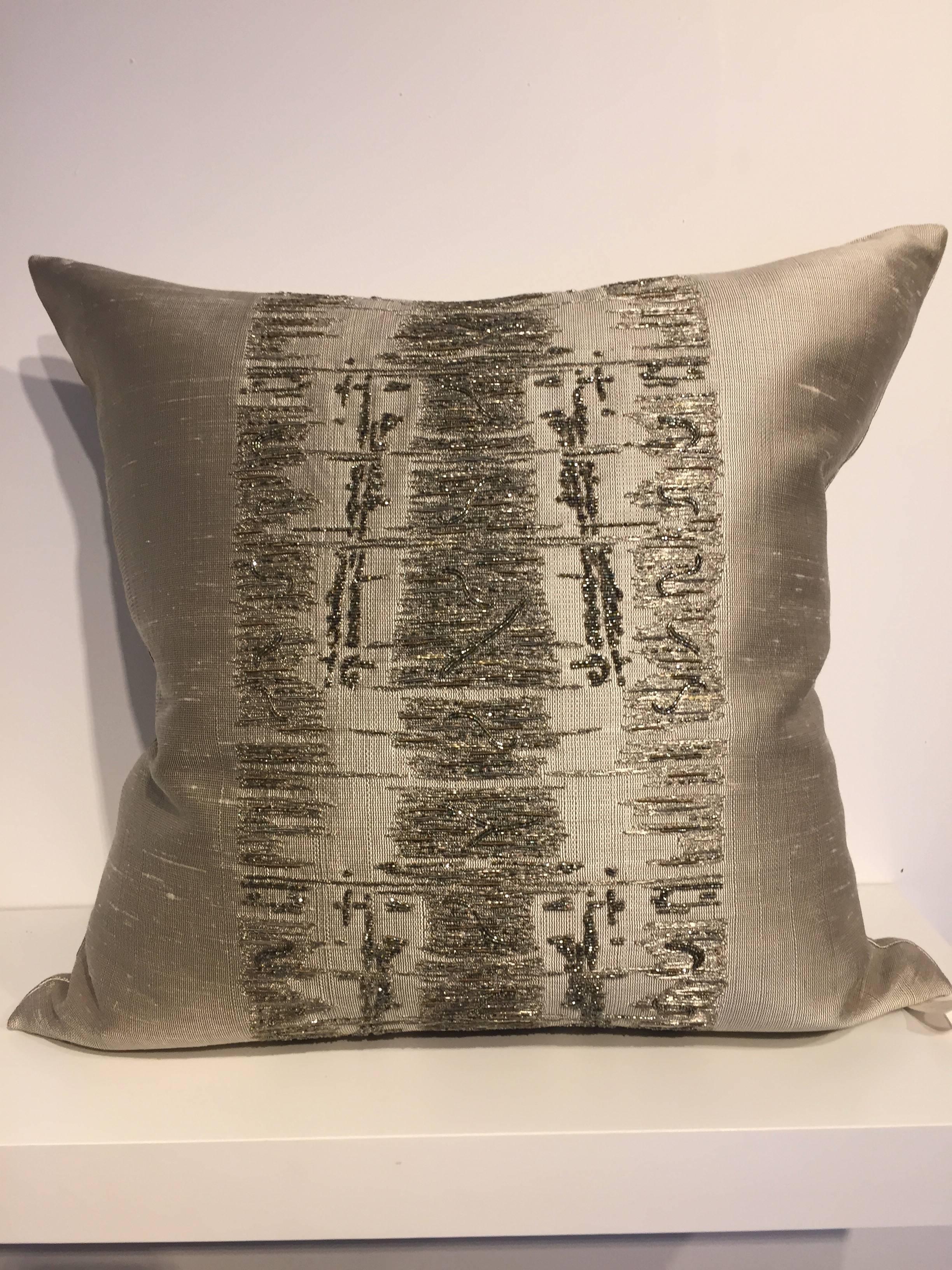 Pair of Cushions in handwoven Silk Bruno Triplet #68 color white gold with hand embroidery in silver thread and silver beads, contemporary design, size 50 x 50cm, cushion covers with cotton lining and concealer zipper in the bottom seam, inner pad