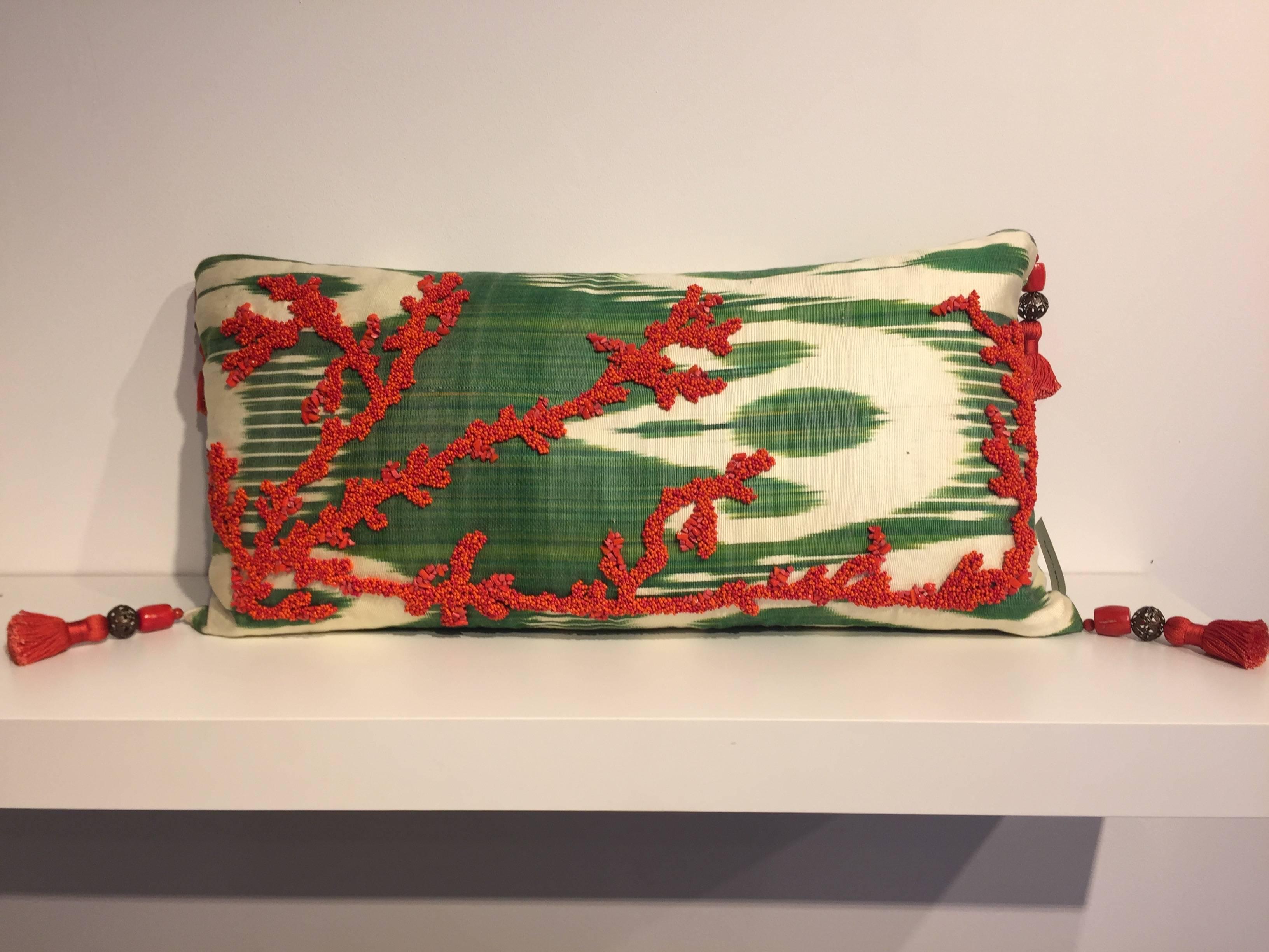 One pair silk cushions, coral design hand embroidery with coral beads and coral chips on fabric vintage silk Ikat color ivory and jade green, corner tassels - 9cm length made out of silk thread and big coral pearls, four no per cushion - cushion