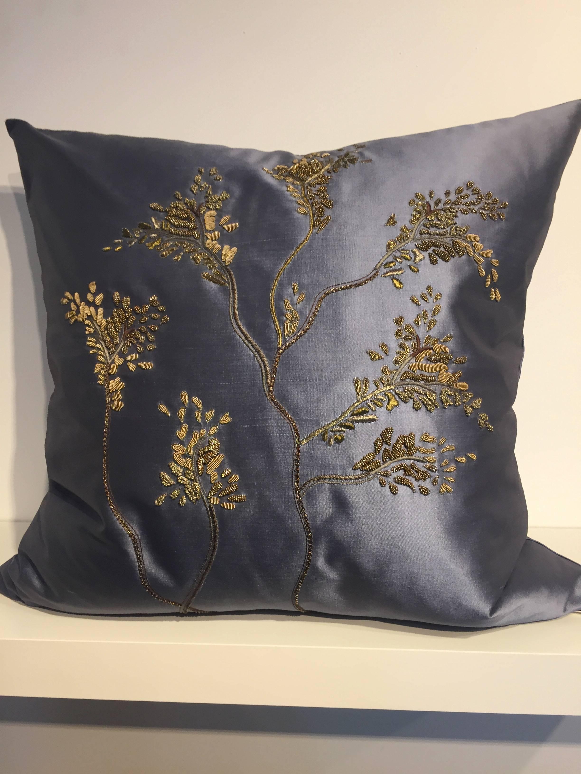 One pair of decorative cushions with hand embroidery, in the style of Emperor's garden, chinoiserie style, handwoven silk taffeta chase Erwin diva color dusk, embellished with hand embroidery in metal thread and beading in antique gold color, size