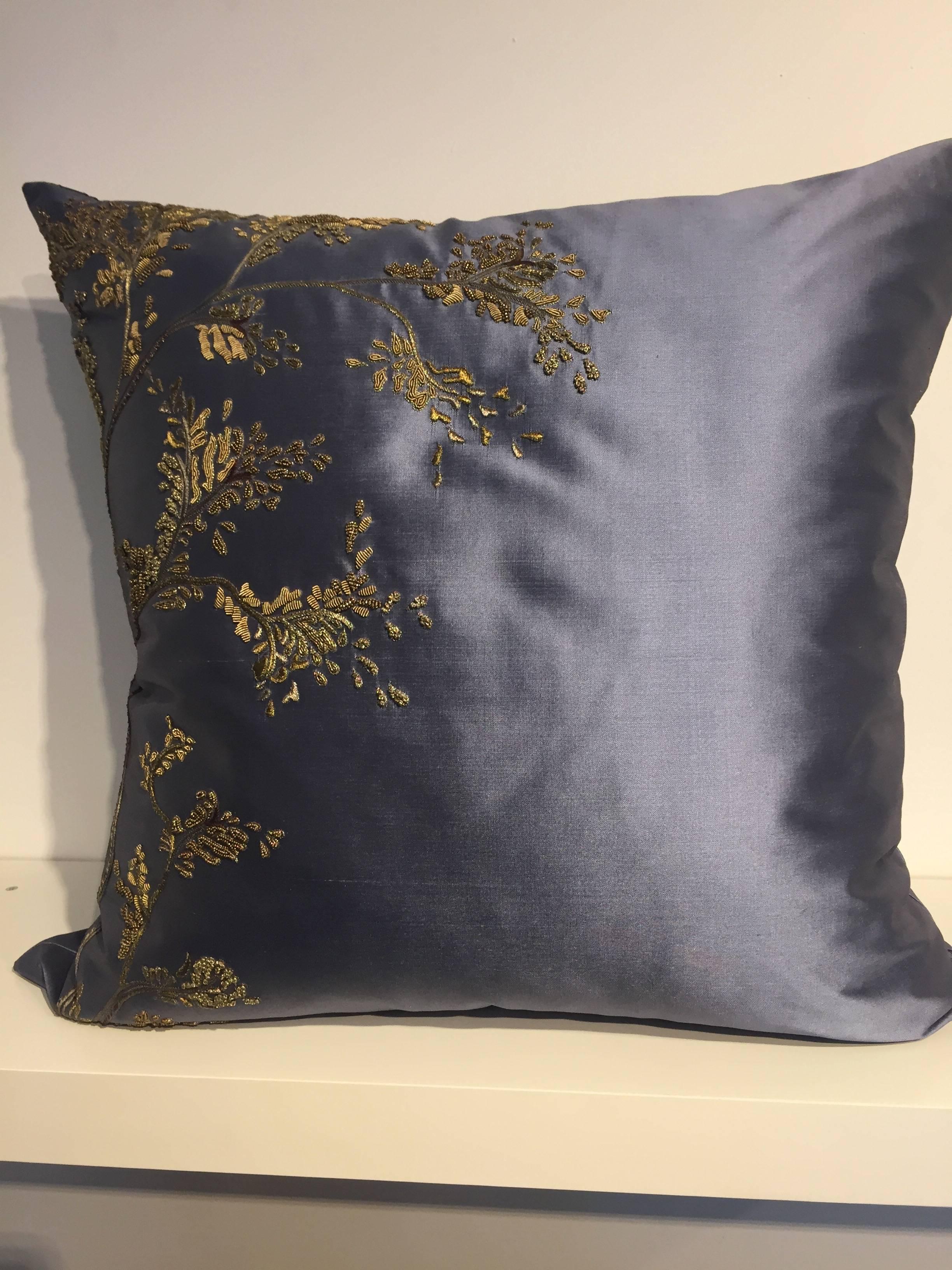 English Pair of Silk Cushions Hand Embroidered in Chinoiserie Style Dusk Blue