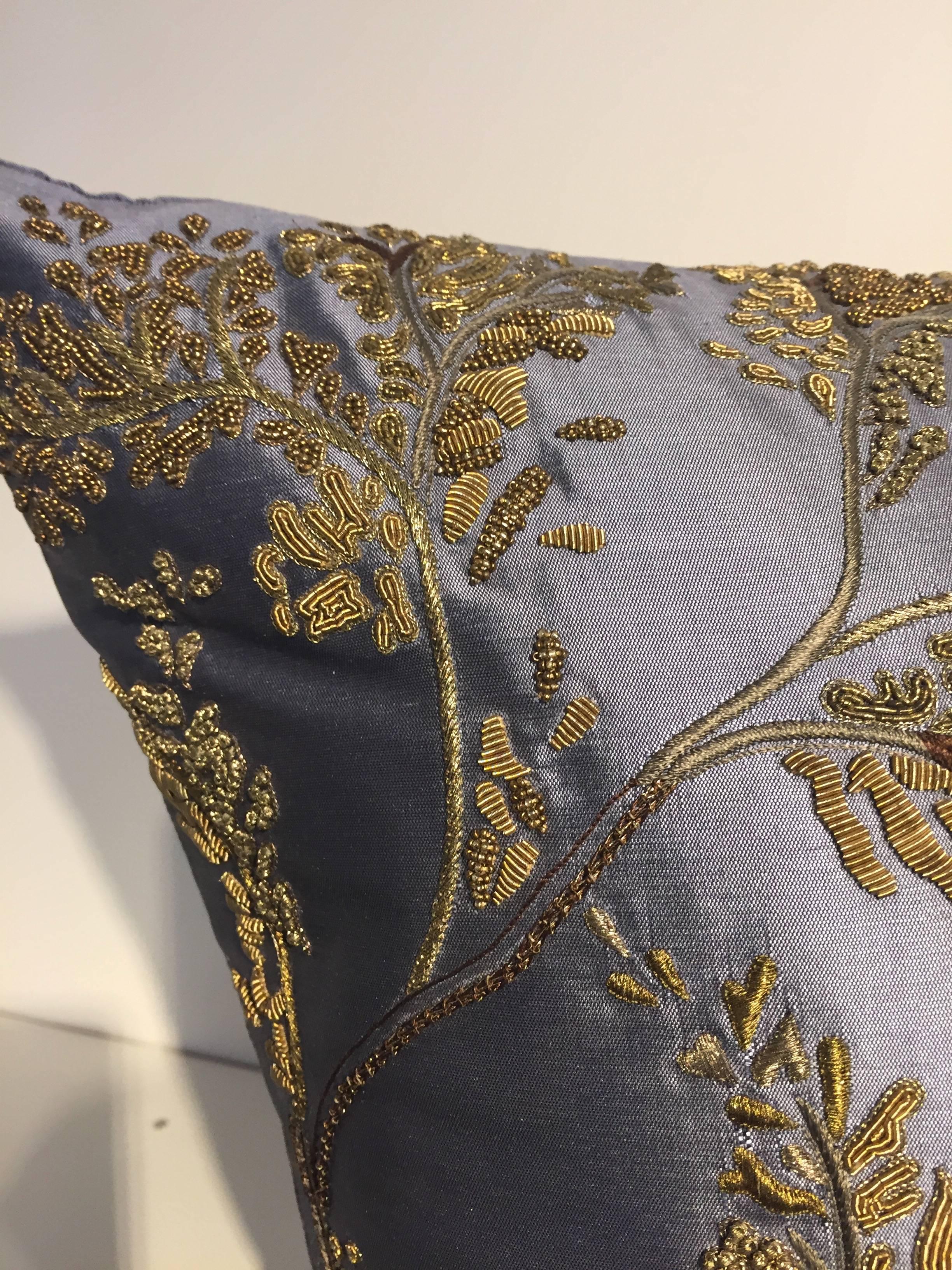 Contemporary Pair of Silk Cushions Hand Embroidered in Chinoiserie Style Dusk Blue