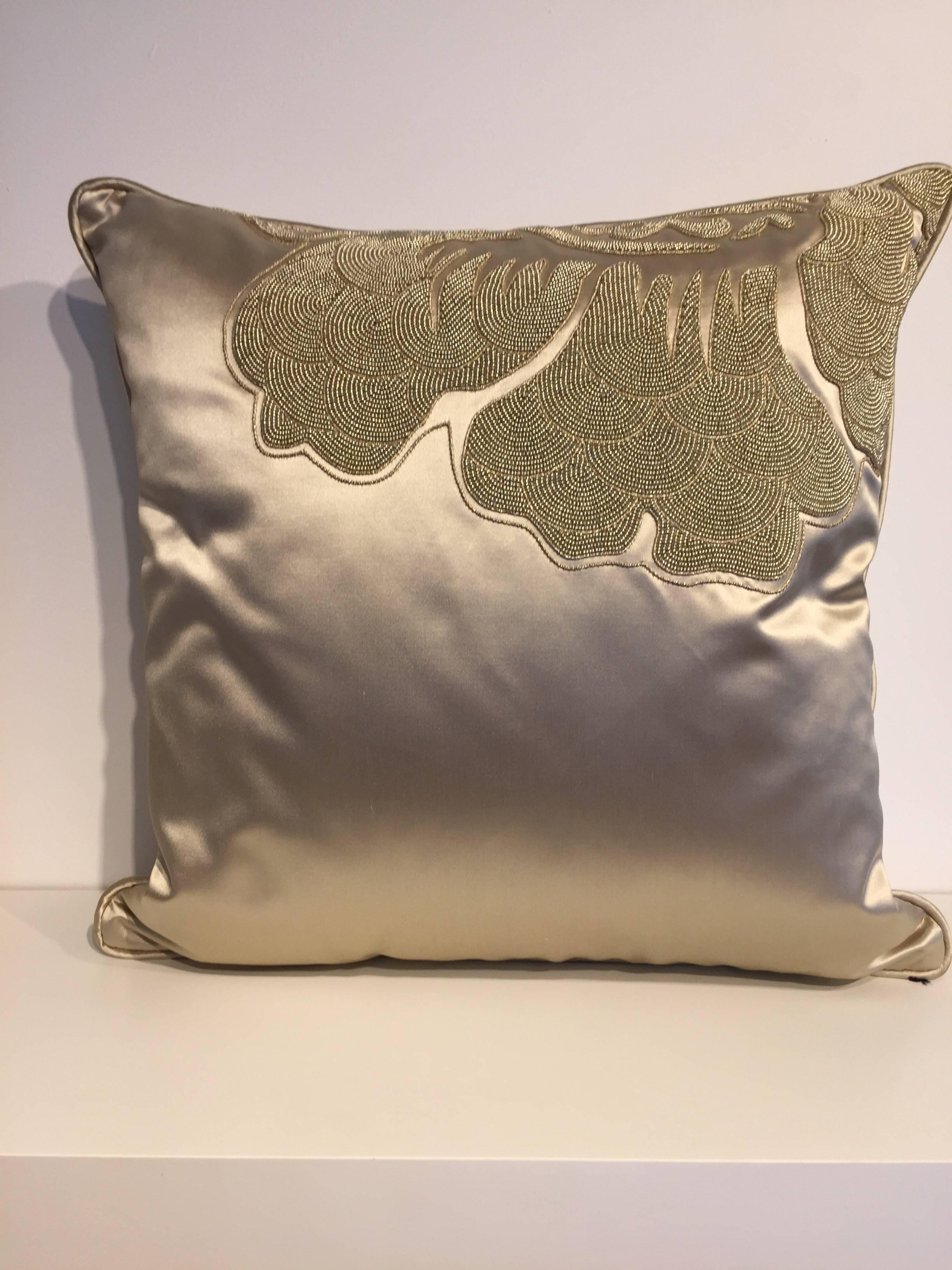 Set of three no cushions, silk satin Osborn and little Kederi silk F5750/07 col. champagne, hand embroidery with cord work and beading, cushion size 40 x 40 cm, Self-piped, back side plain silk, cushion cover with cotton lining, concealed zipper in