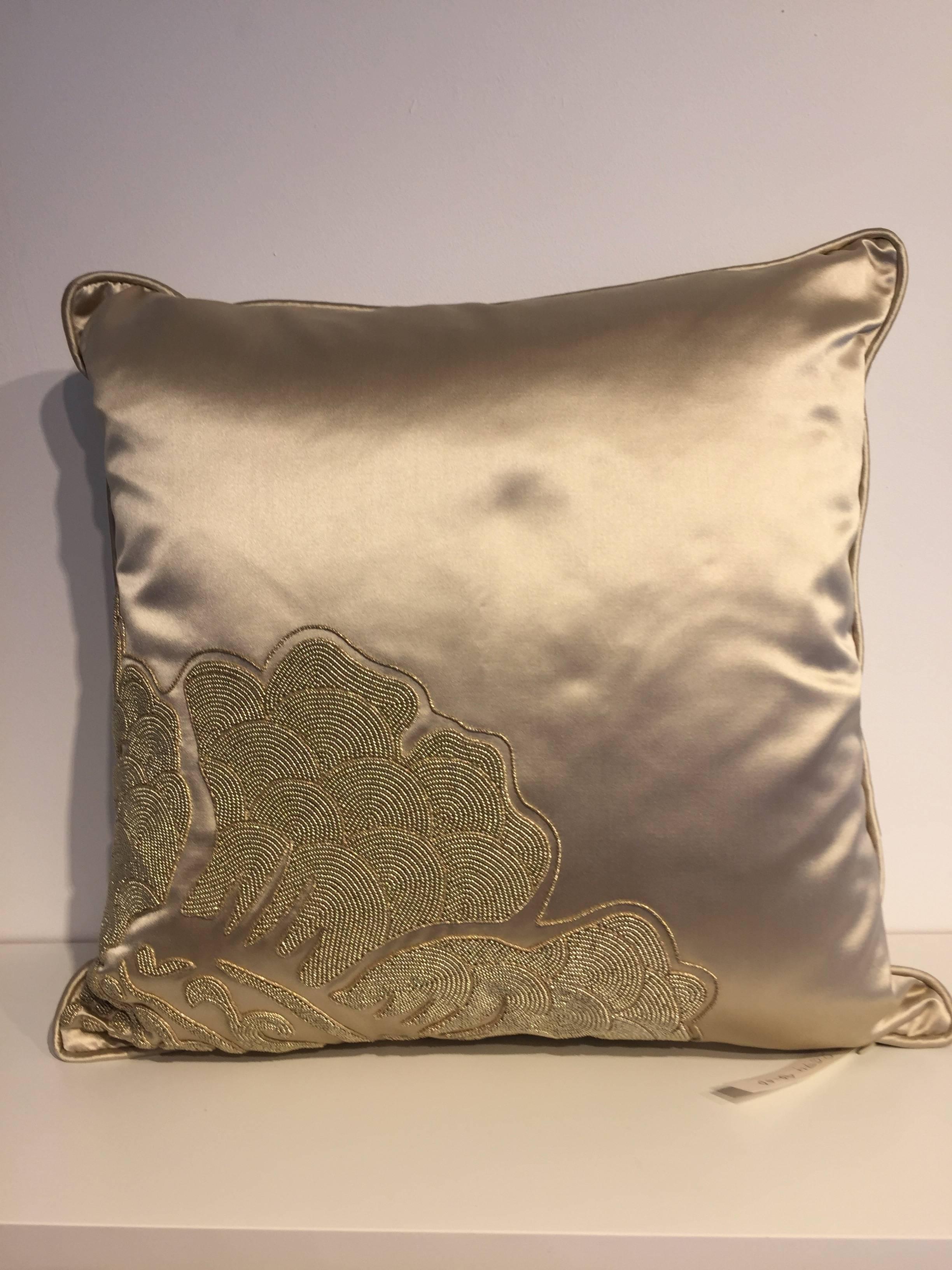 English Set of Cushions Silk Satin Champagne Modern Damask Design Hand Embroidery