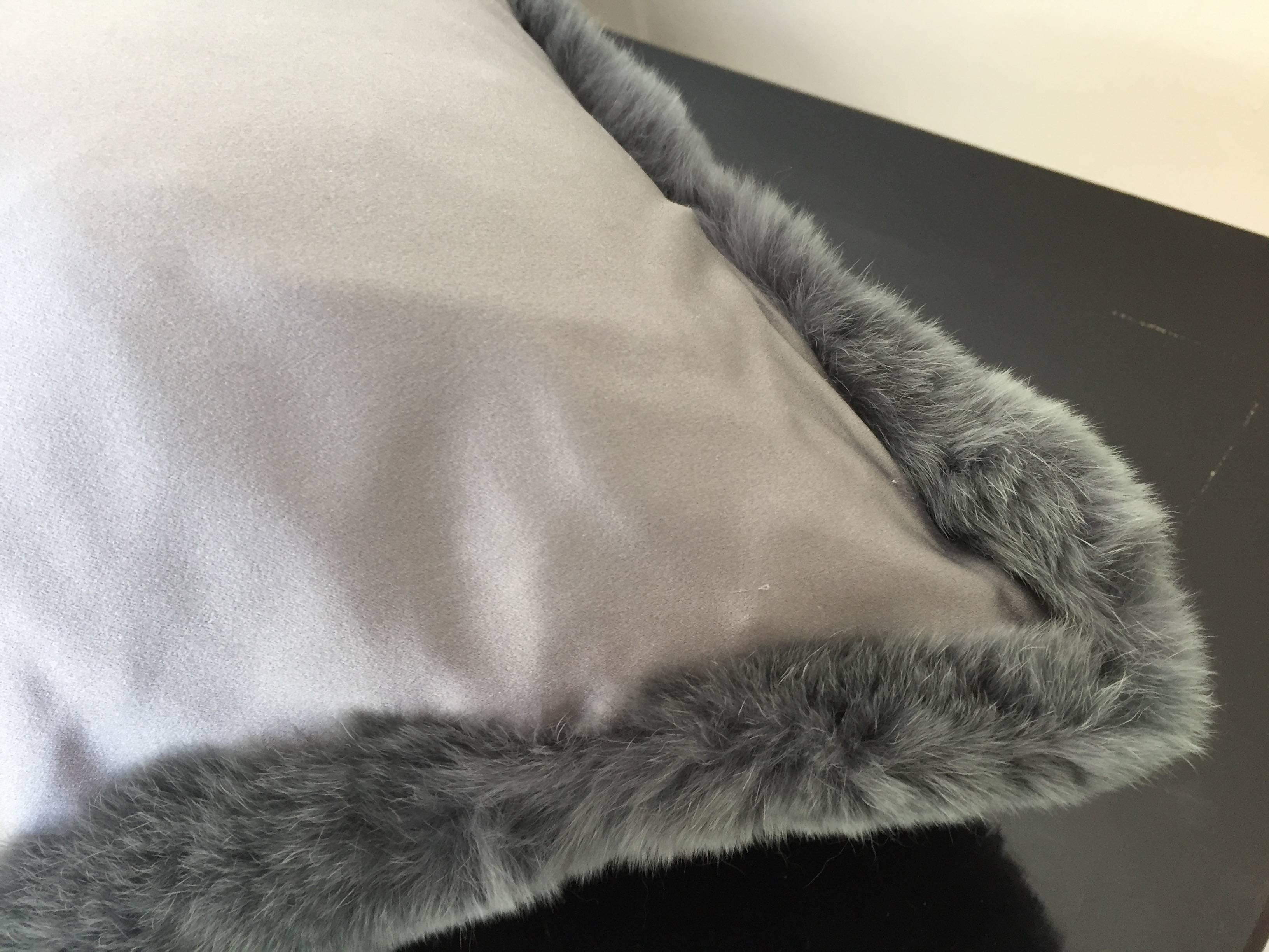 Modern Cushion Fur Rabbit and Silk Satin Colour Silver Grey