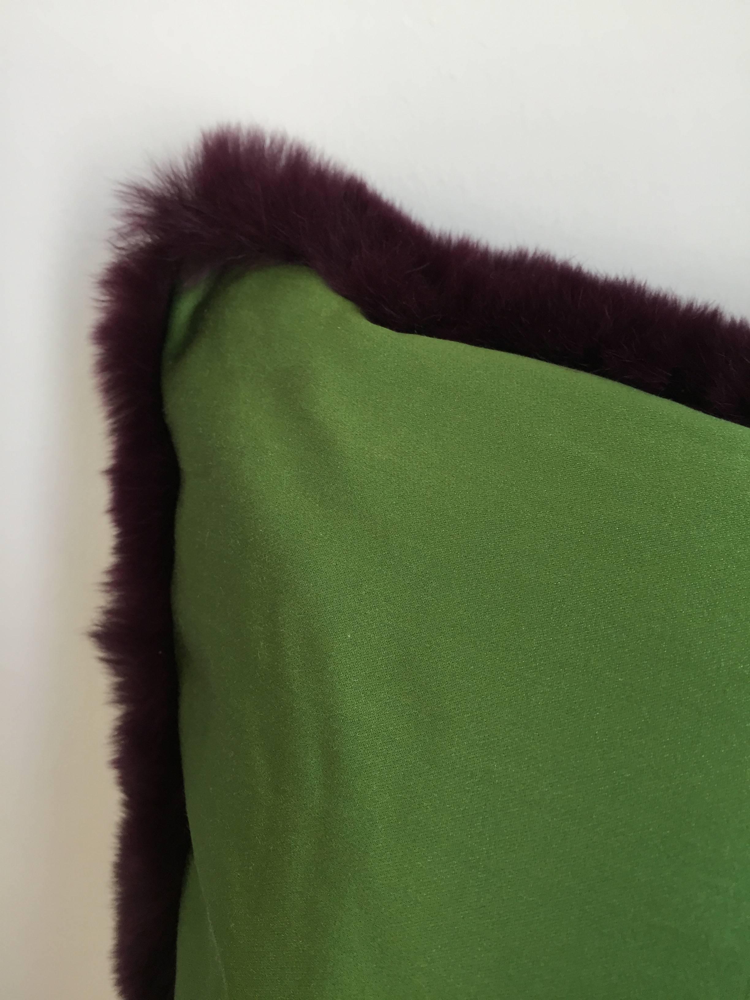 Modern Rex Rabbit Fur Cushions Color Purple Silk Satin Color Green