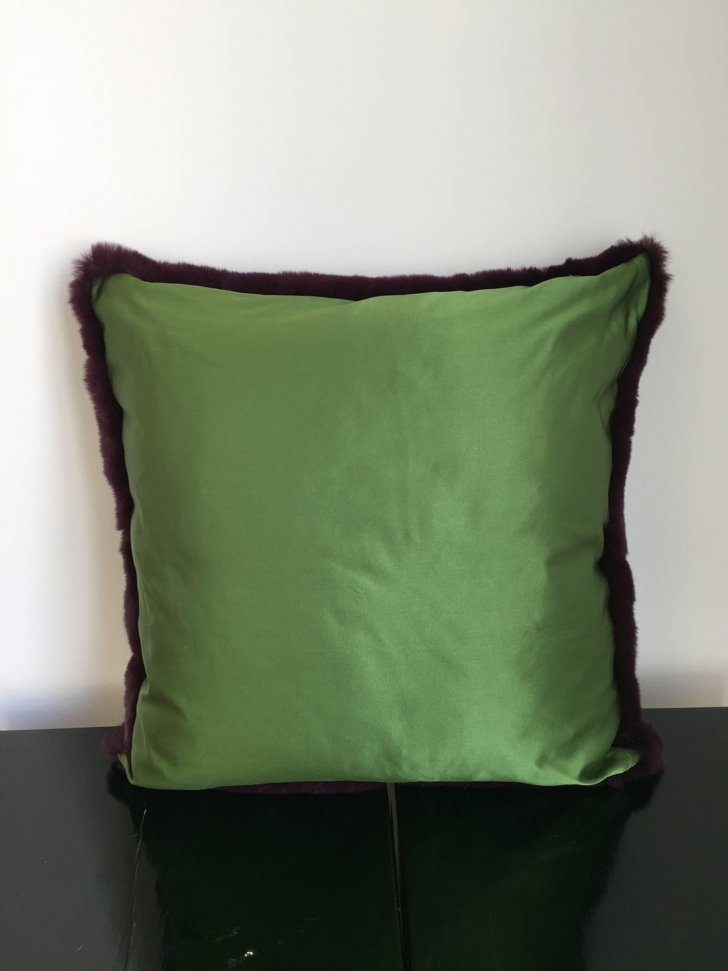 Rex Rabbit Fur Cushions Color Purple Silk Satin Color Green In New Condition In Hamburg, DE
