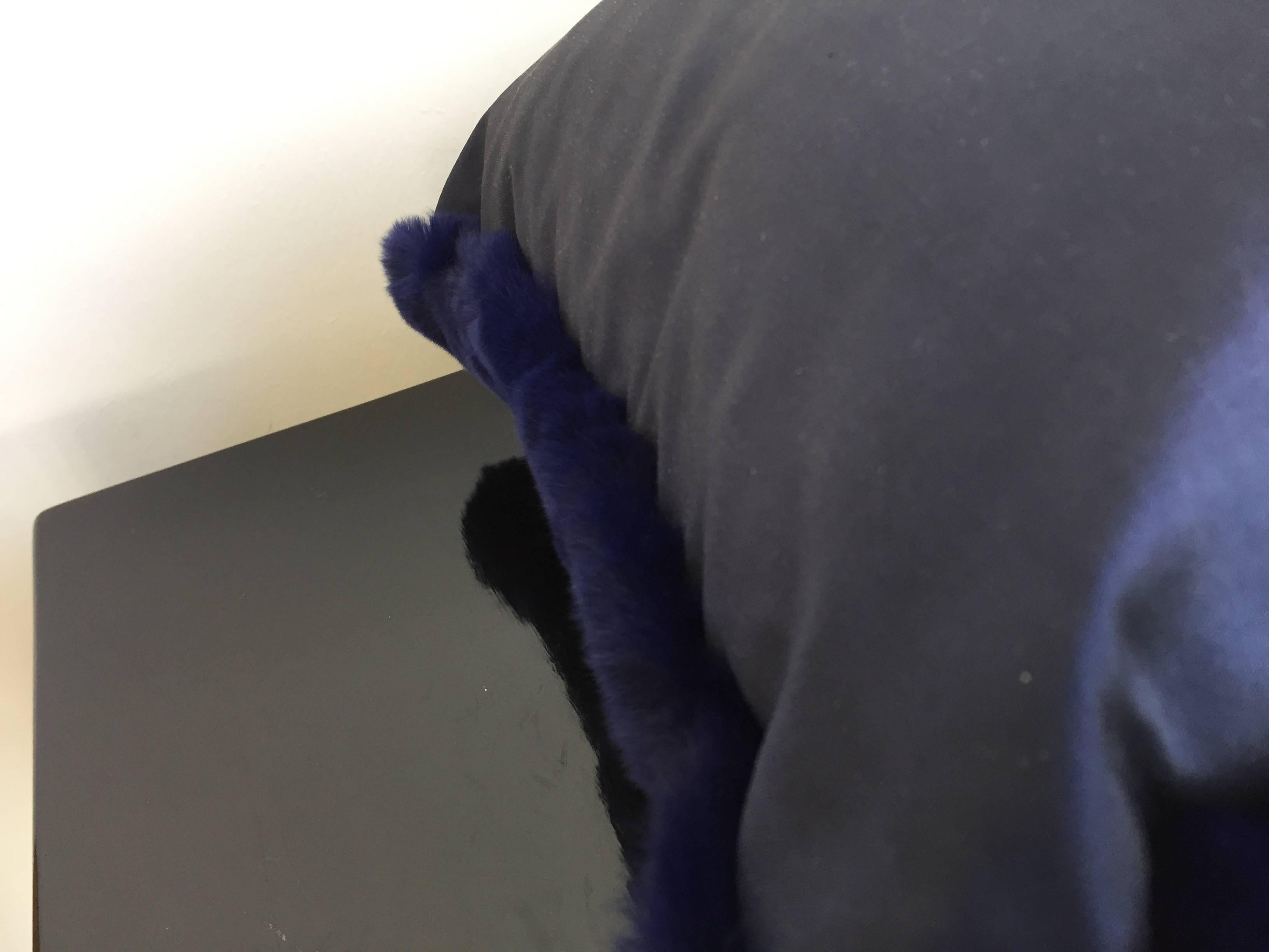 German Cushion Rex Rabbit Fur and Silk Taffeta Colour Midnight Blue