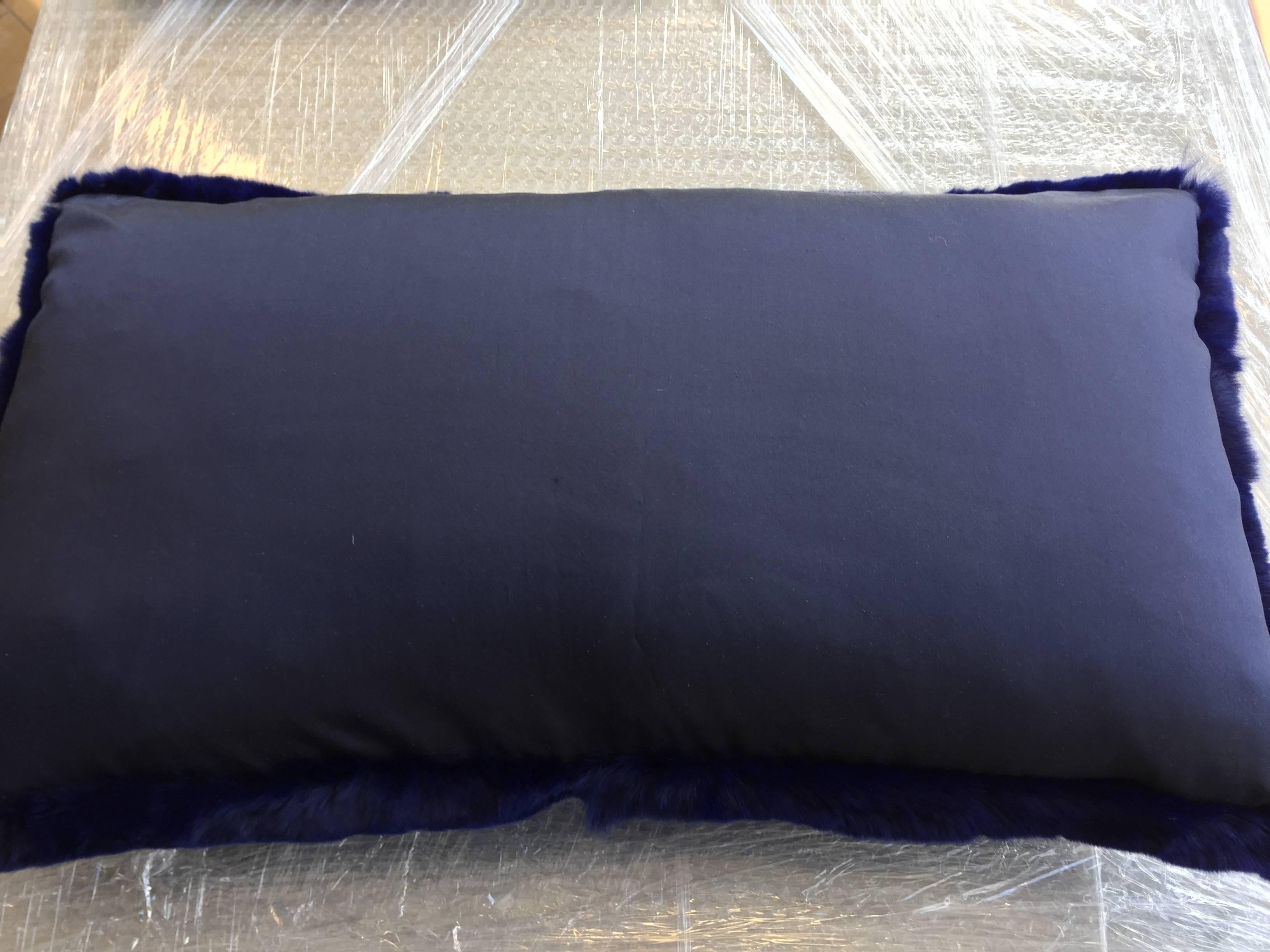 Contemporary Cushion Rex Rabbit Fur and Silk Taffeta Colour Midnight Blue