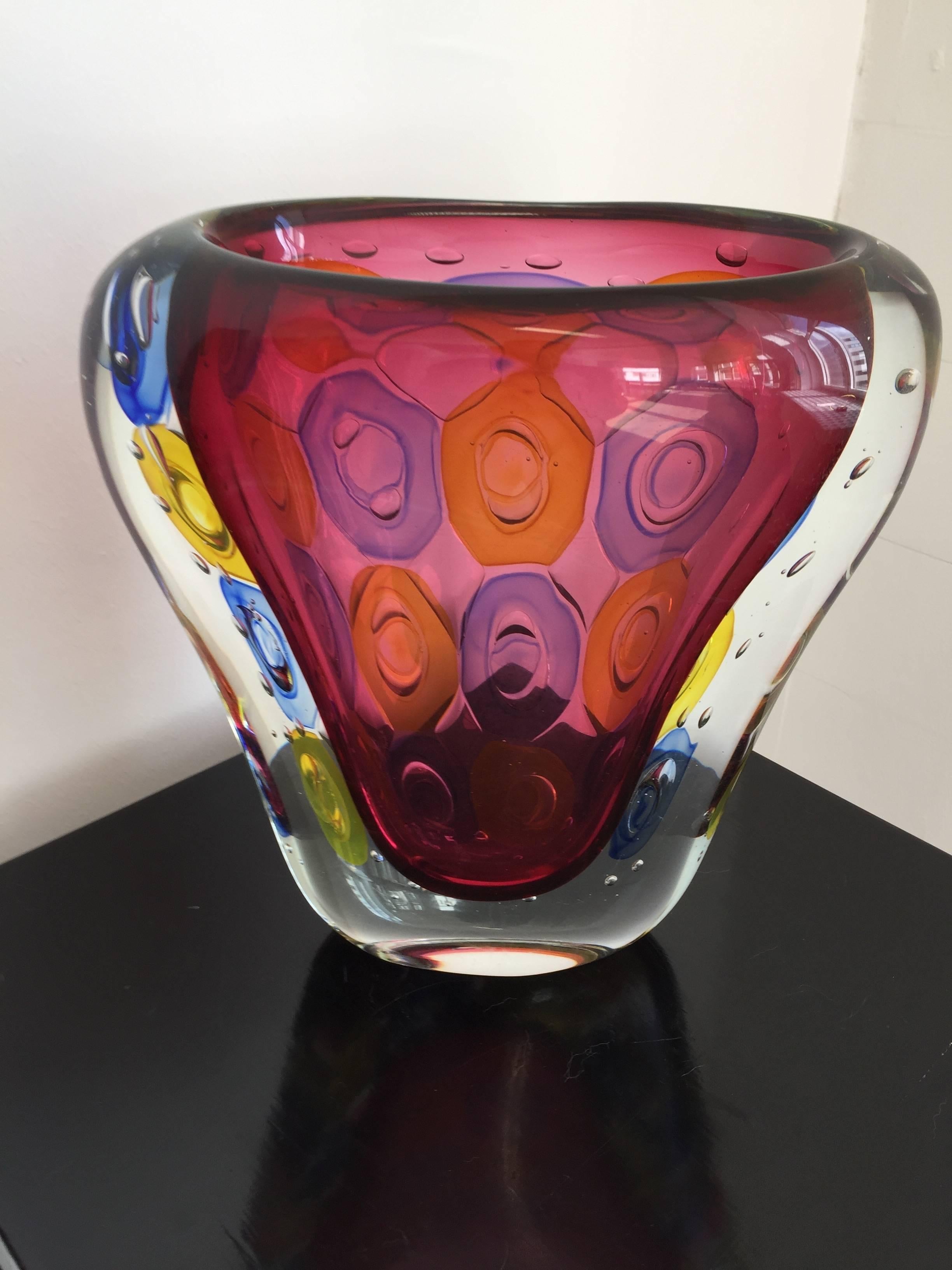 Hand-Crafted Anelly Vase Murano Crystal by Luigi Onesto Multi-Color Triangle Shape