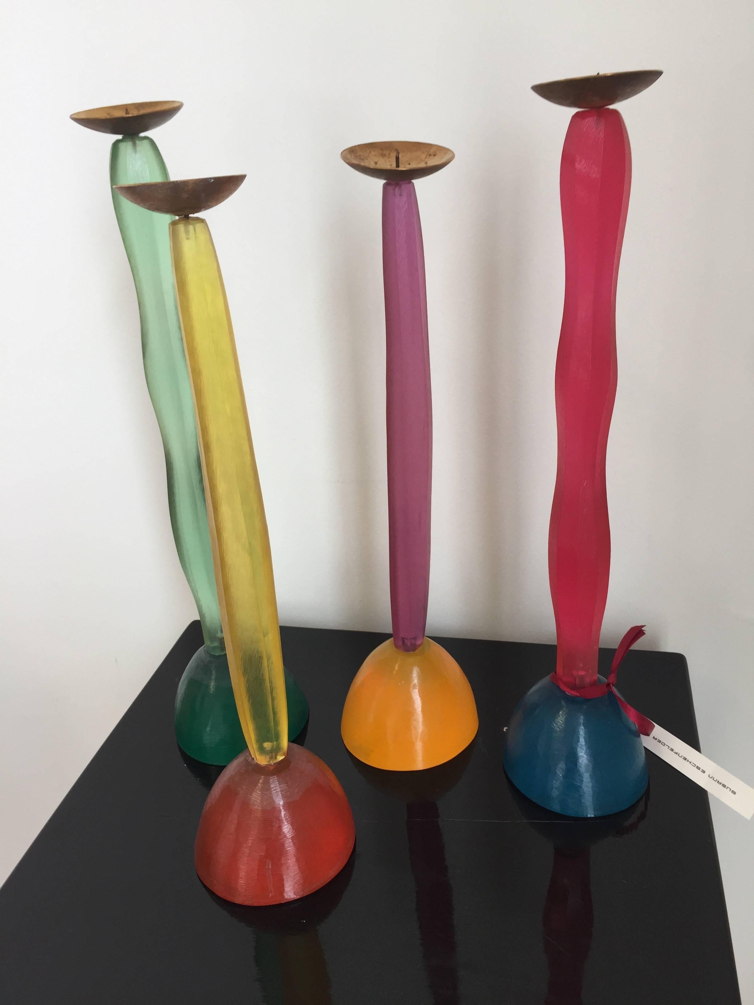Four no of multicolored candlesticks, creator Migeon et Migeon, translucent colored Resin, Signed by hand on the bottom, manufactured by hand,
Size of each candlestick is slightly different, 9cm Diameter on the Bottom x about 36cm to 39cm height,